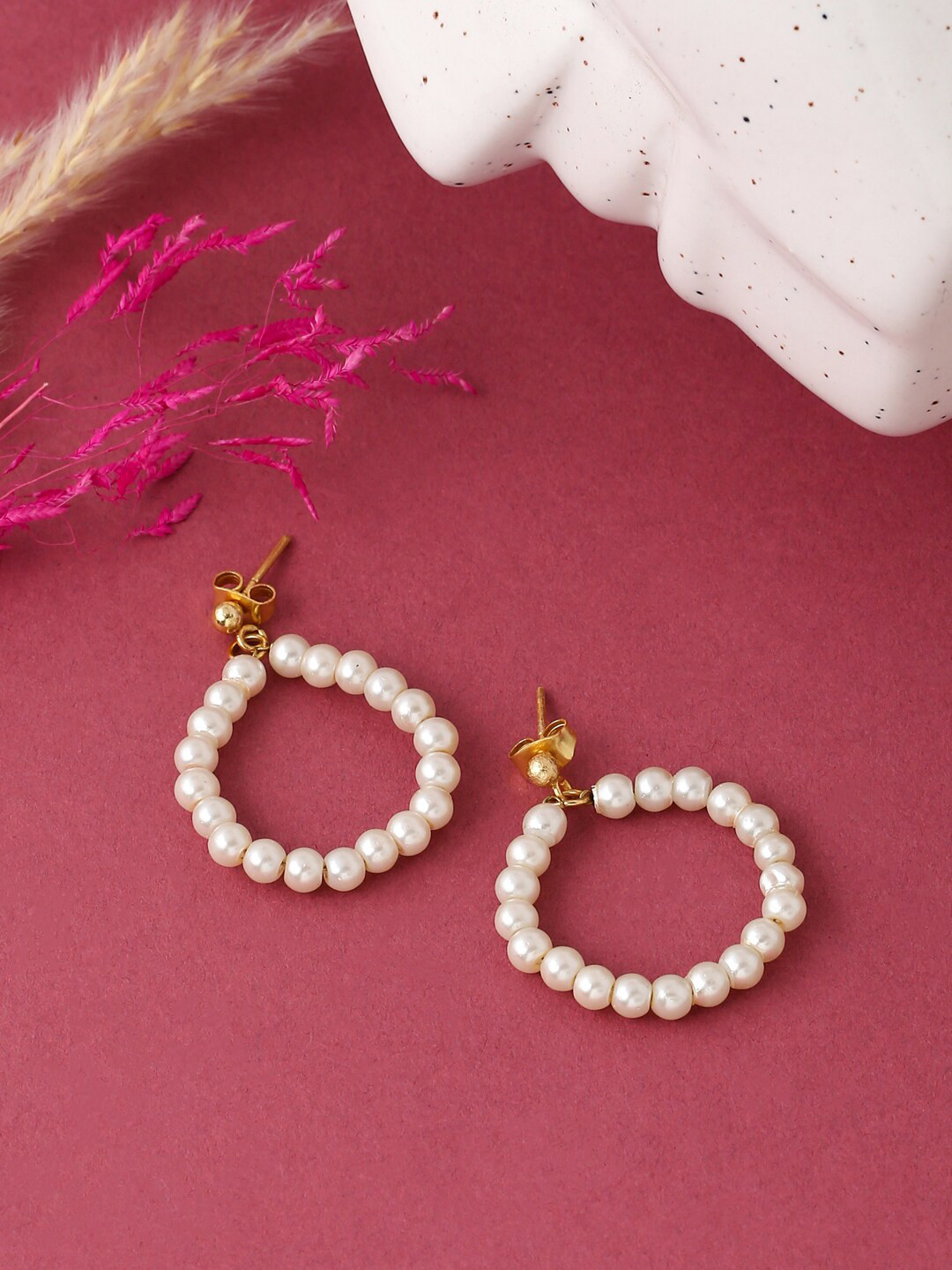 

kashwini Gold-Toned & White Handcrafted Circular Pearls Drop Earrings