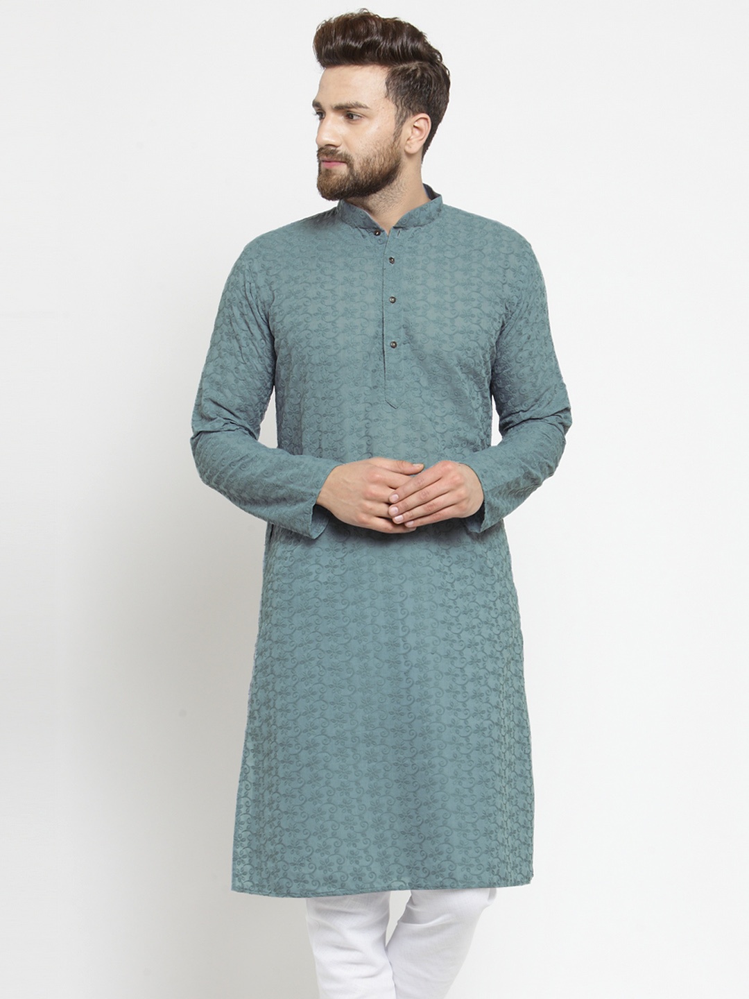 

TREEMODA Men Grey Embroidered Floral Kurta