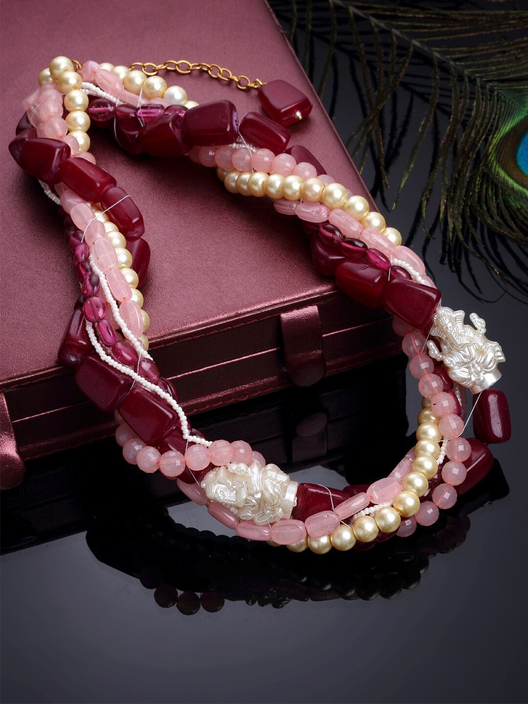 

DUGRISTYLE Gold-Toned & Pink Beads Beaded Sterling Silver Gold-Plated Necklace