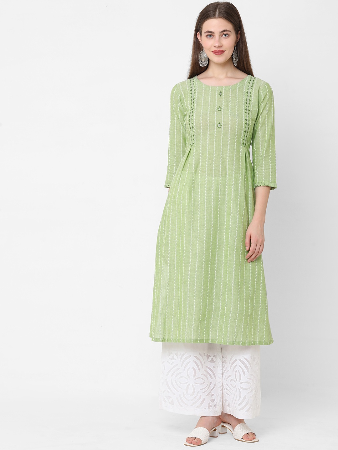 

KAMI KUBI Green Striped Thread Work Kurta