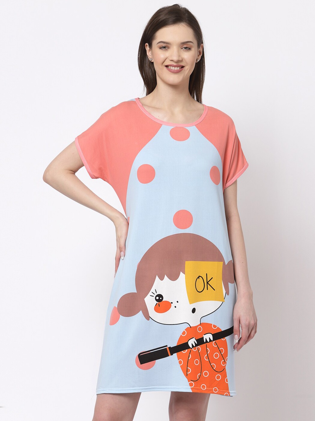 

KLOTTHE Peach-Coloured Printed Nightdress