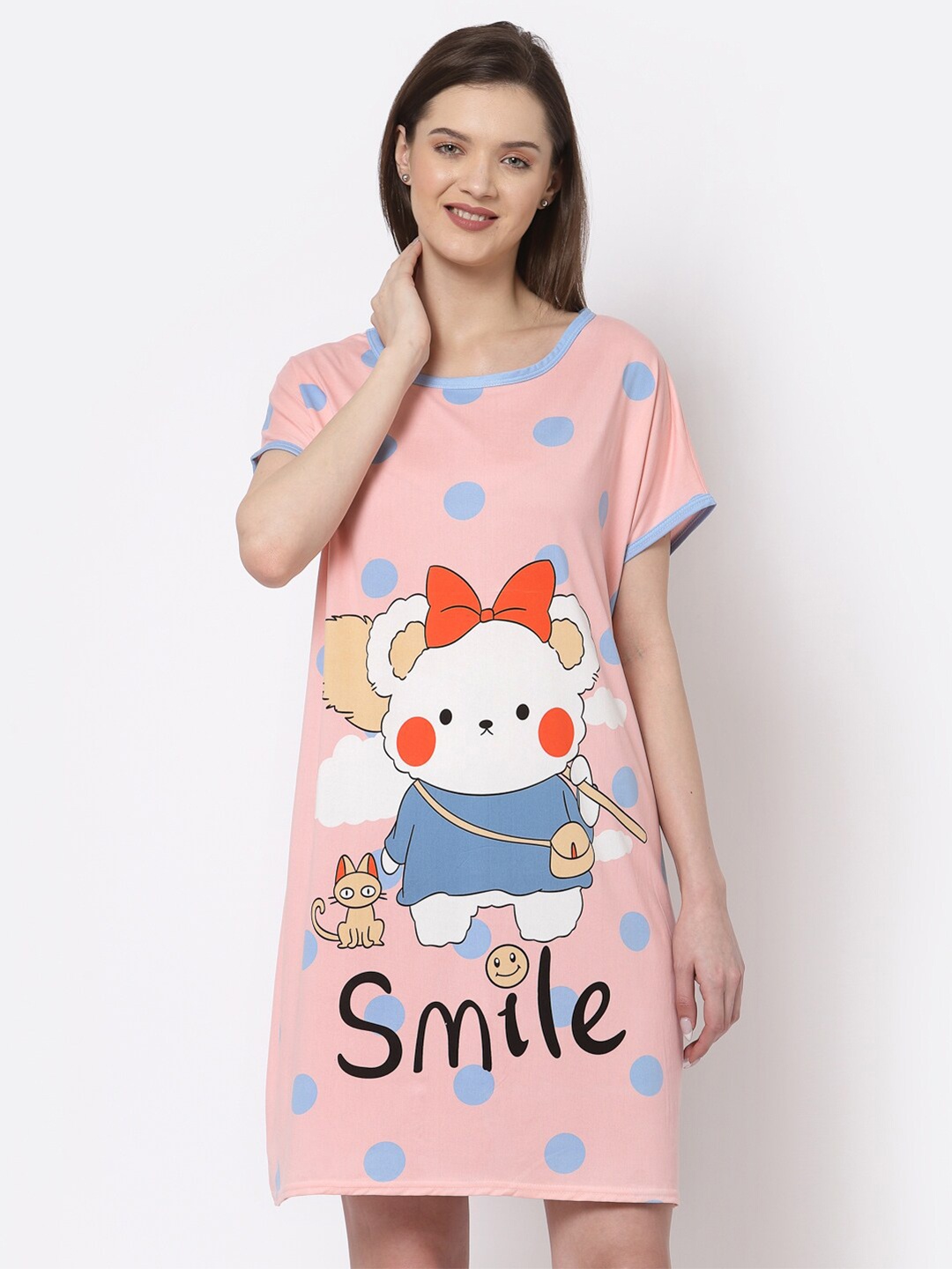 

KLOTTHE Peach-Coloured Printed T-Shirt Nightdress