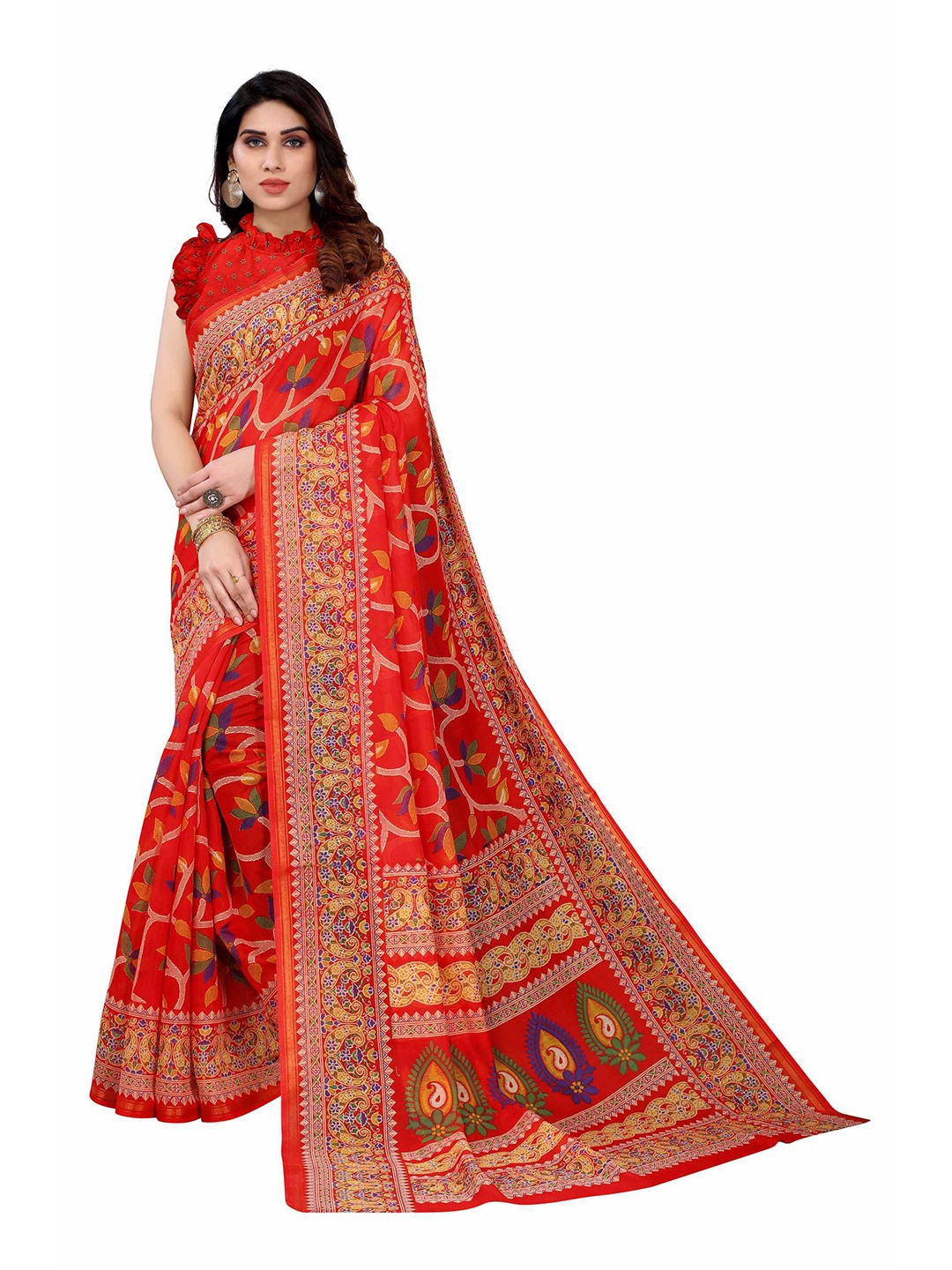 

AADVIKA Red & Yellow Floral Linen Blend Saree