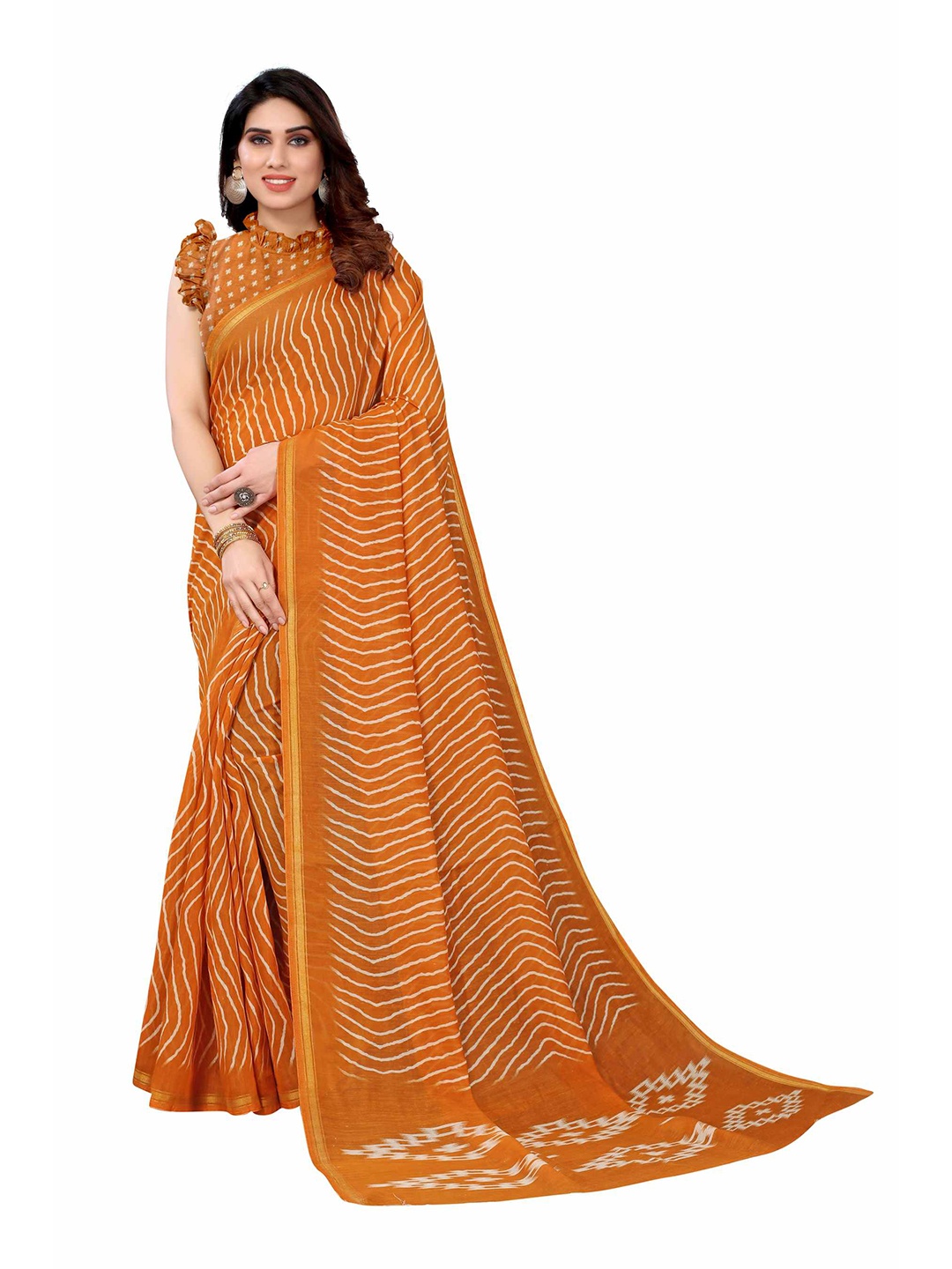 

AADVIKA Orange & White Striped Linen Blend Ready to Wear Saree