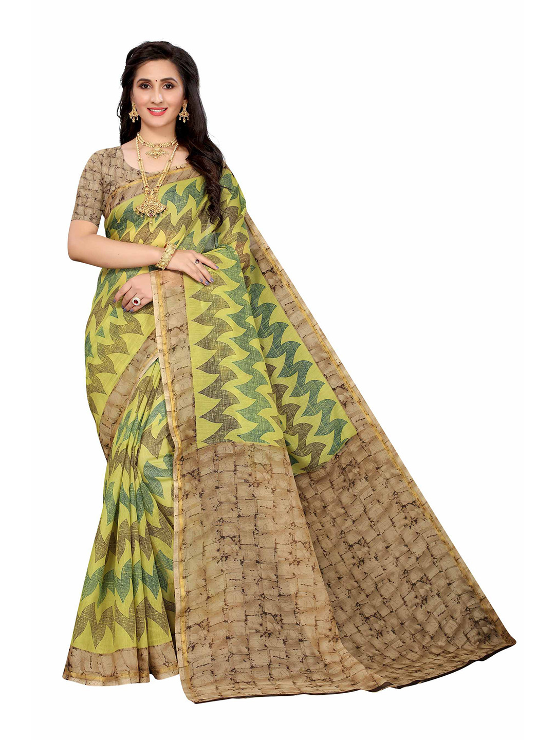 

AADVIKA Green & Beige Linen Blend Saree