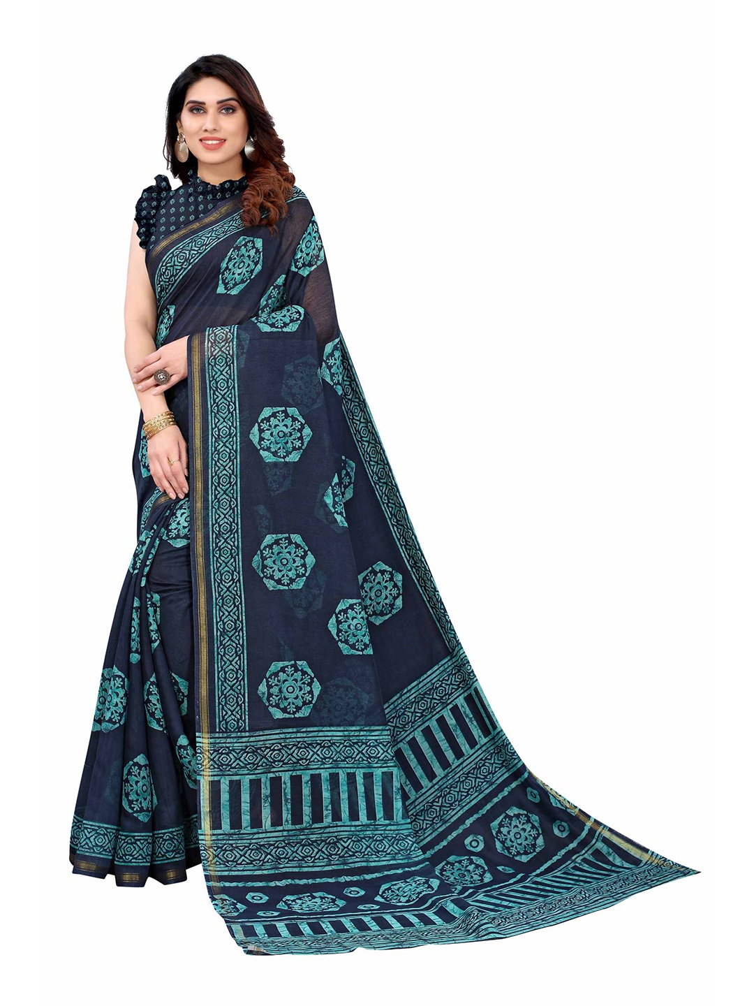 

AADVIKA Blue & Gold-Toned Ethnic Motifs Zari Linen Blend Ready to Wear Saree