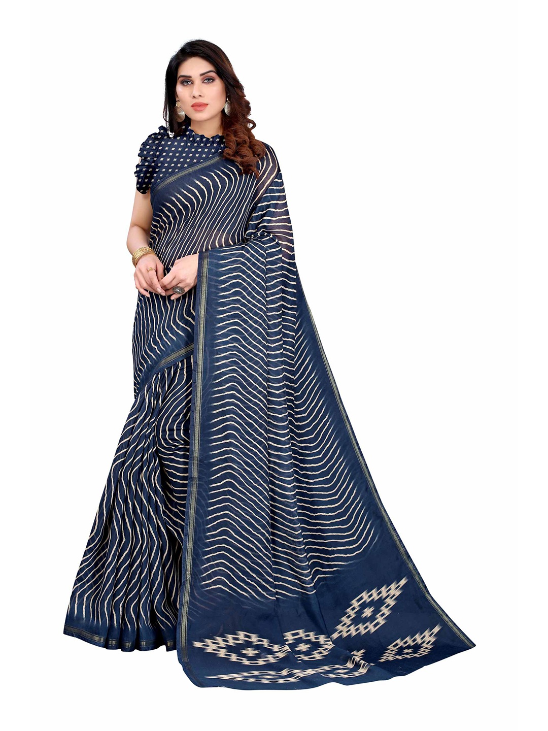 

AADVIKA Blue & White Leheriya Linen Blend Saree