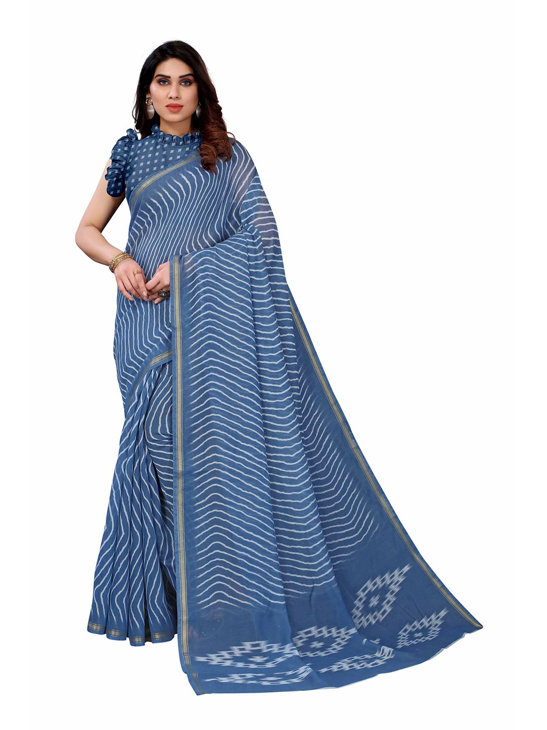 

AADVIKA Blue & White Leheriya Linen Blend Saree
