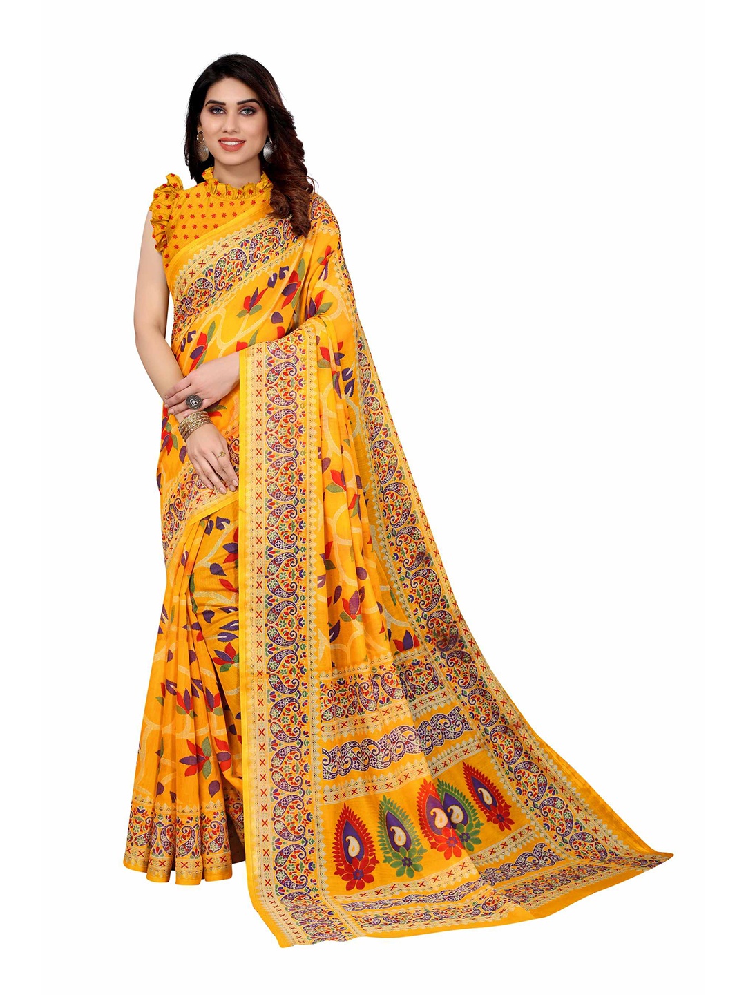 

AADVIKA Yellow & Red Floral Printed Saree