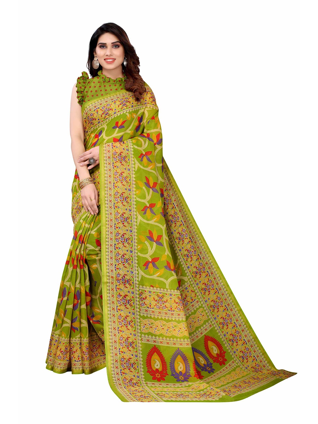 

AADVIKA Green & Red Floral Linen Blend Saree