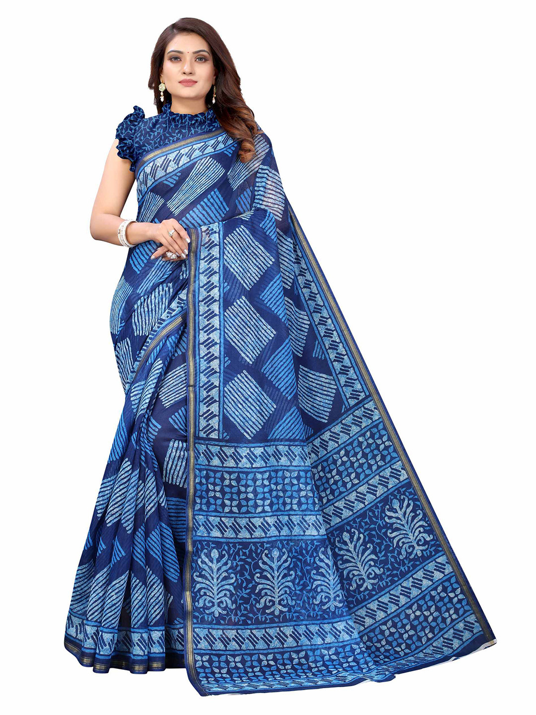 

AADVIKA Blue & White Linen Blend Ready to Wear Saree