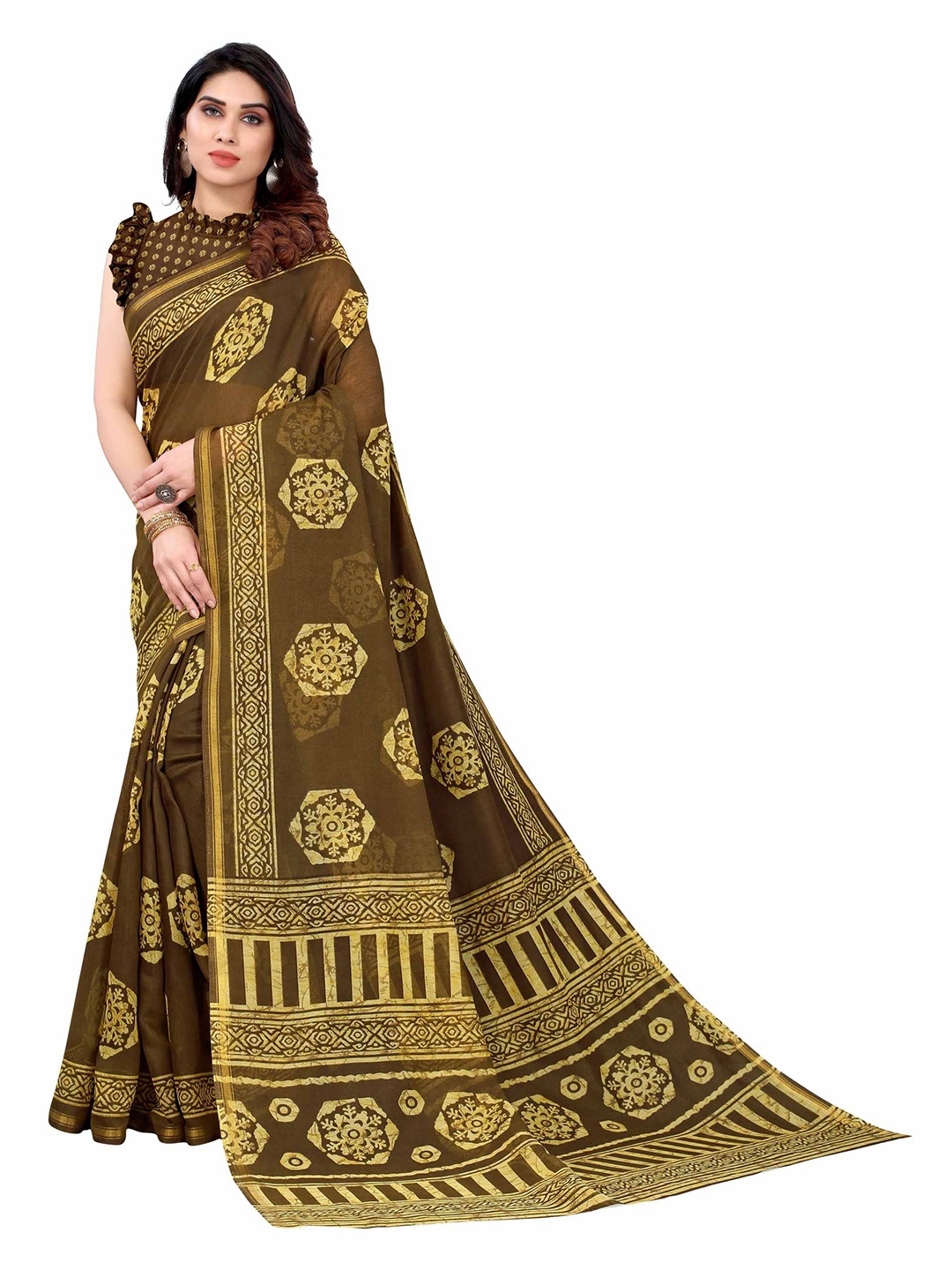 

AADVIKA Green & Gold-Toned Ethnic Motifs Printed Linen Blend Saree