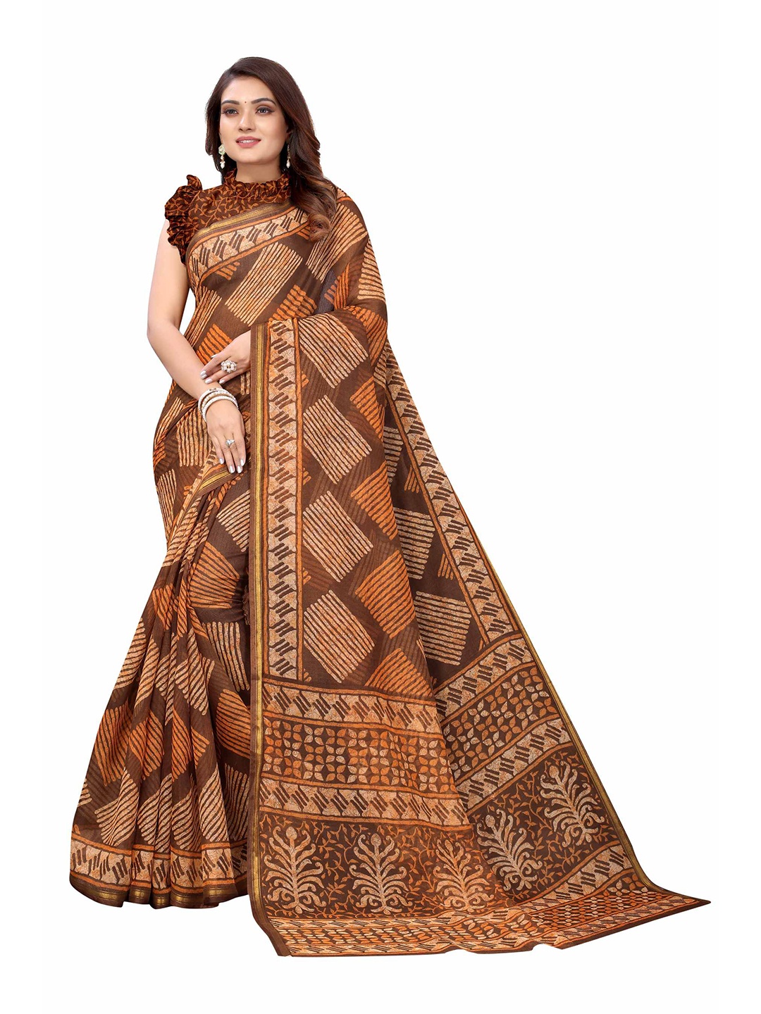 

AADVIKA Brown Ethnic Motifs Linen Blend Saree