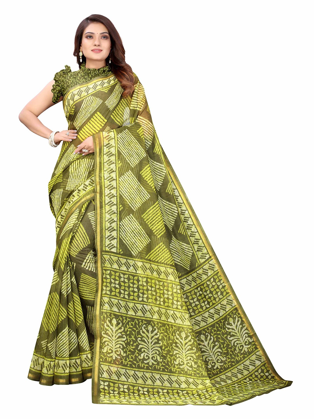 

AADVIKA Green & Yellow Printed Linen Blend Saree
