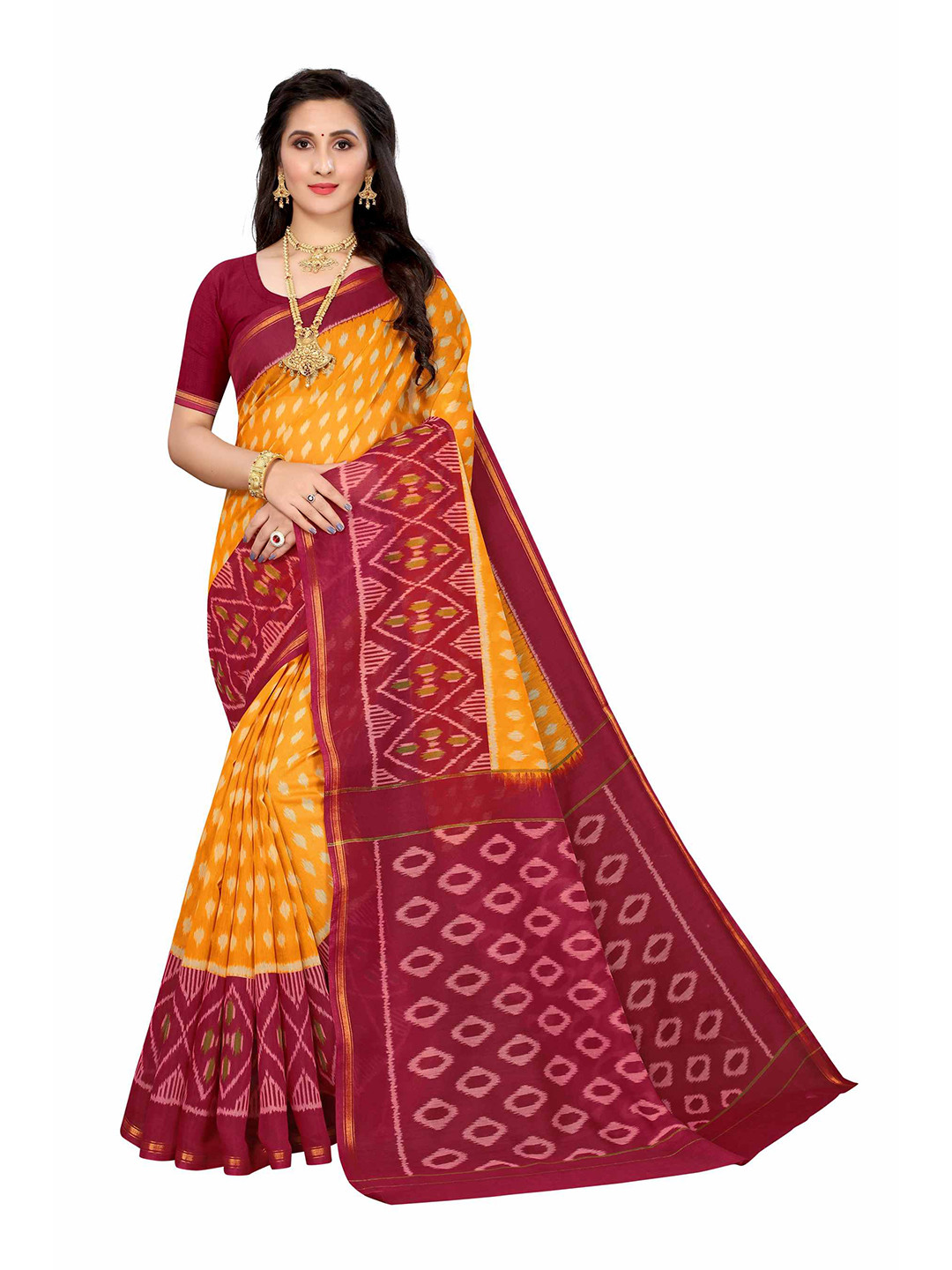 

AADVIKA Yellow & Red Ethnic Motifs Linen Blend Ready to Wear Saree