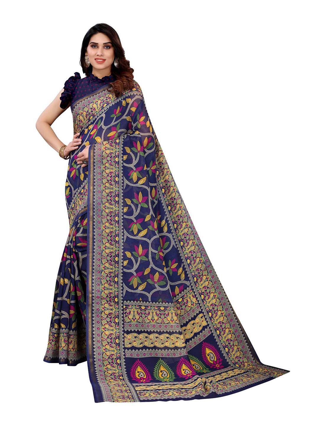 

AADVIKA Blue & Yellow Floral Linen Blend Saree