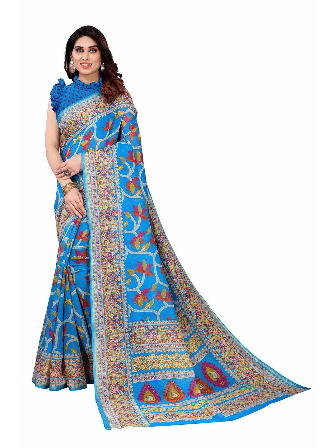 

AADVIKA Blue & Brown Floral Linen Blend Saree