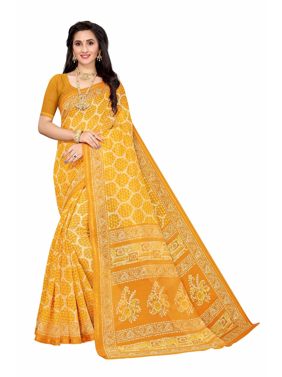 

AADVIKA Yellow & White Floral Printed Linen Blend Saree