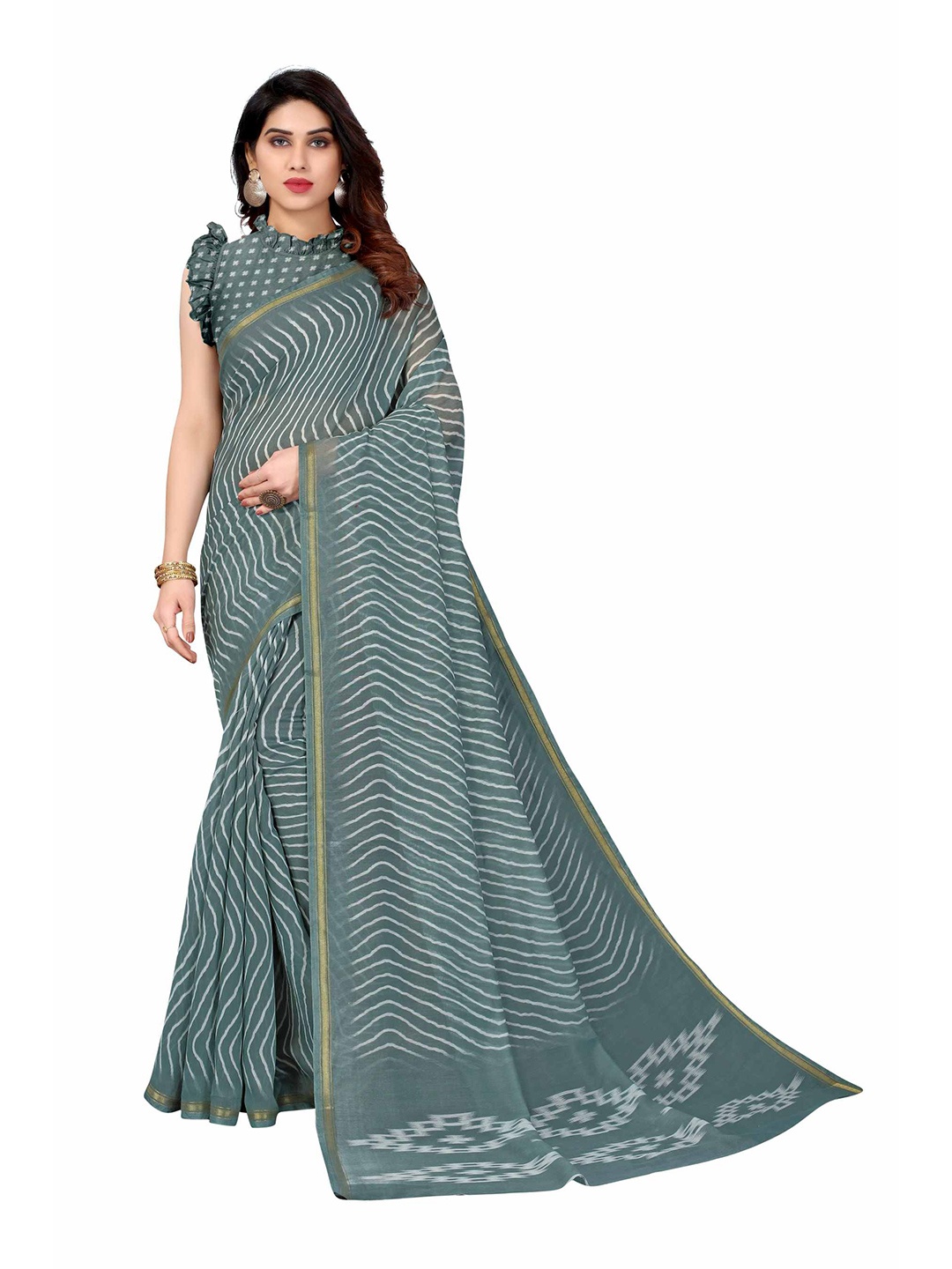 

AADVIKA Grey & White Floral Linen Blend Ready to Wear Saree