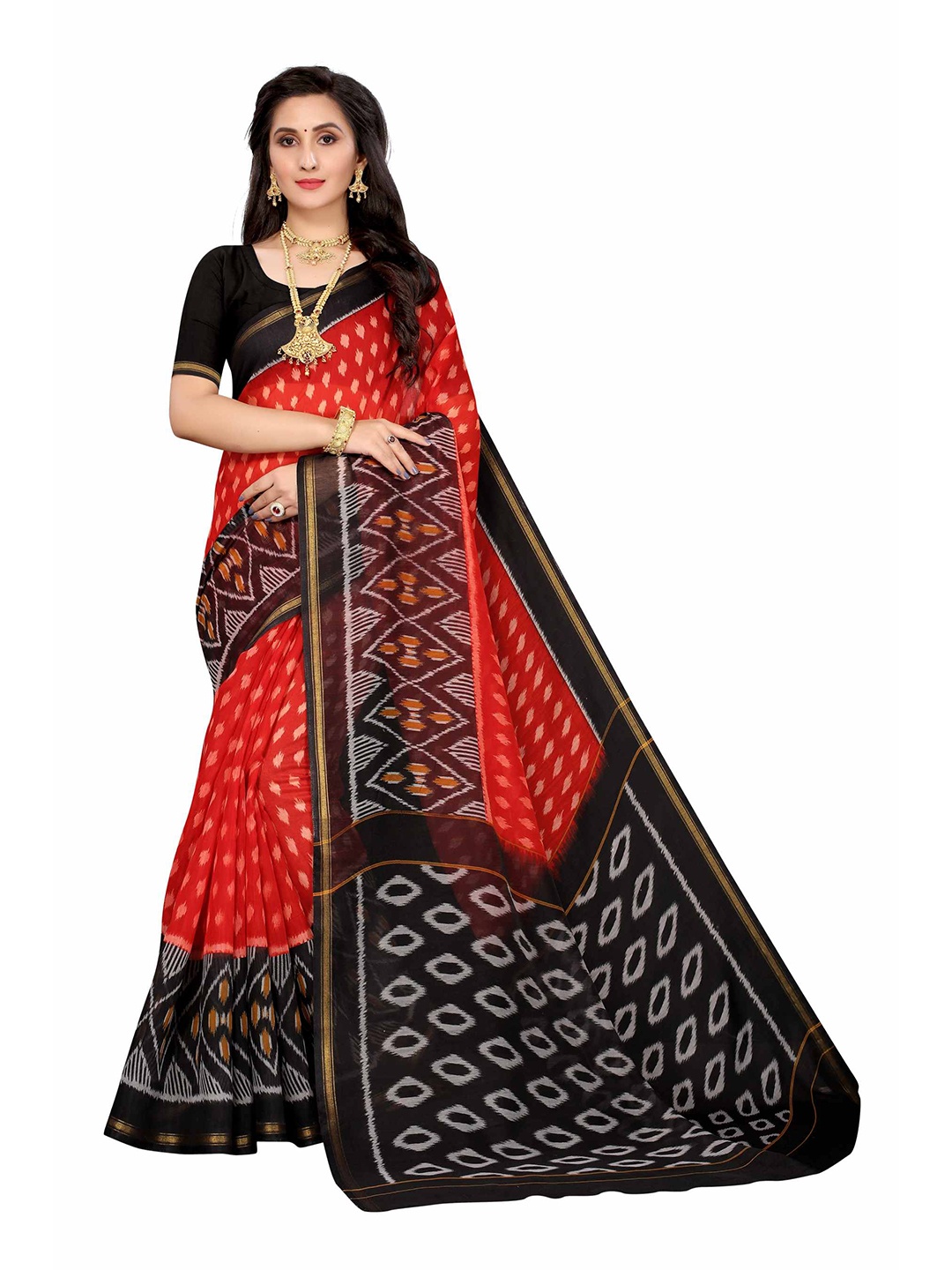 

AADVIKA Red & Black Floral Linen Blend Ready to Wear Saree