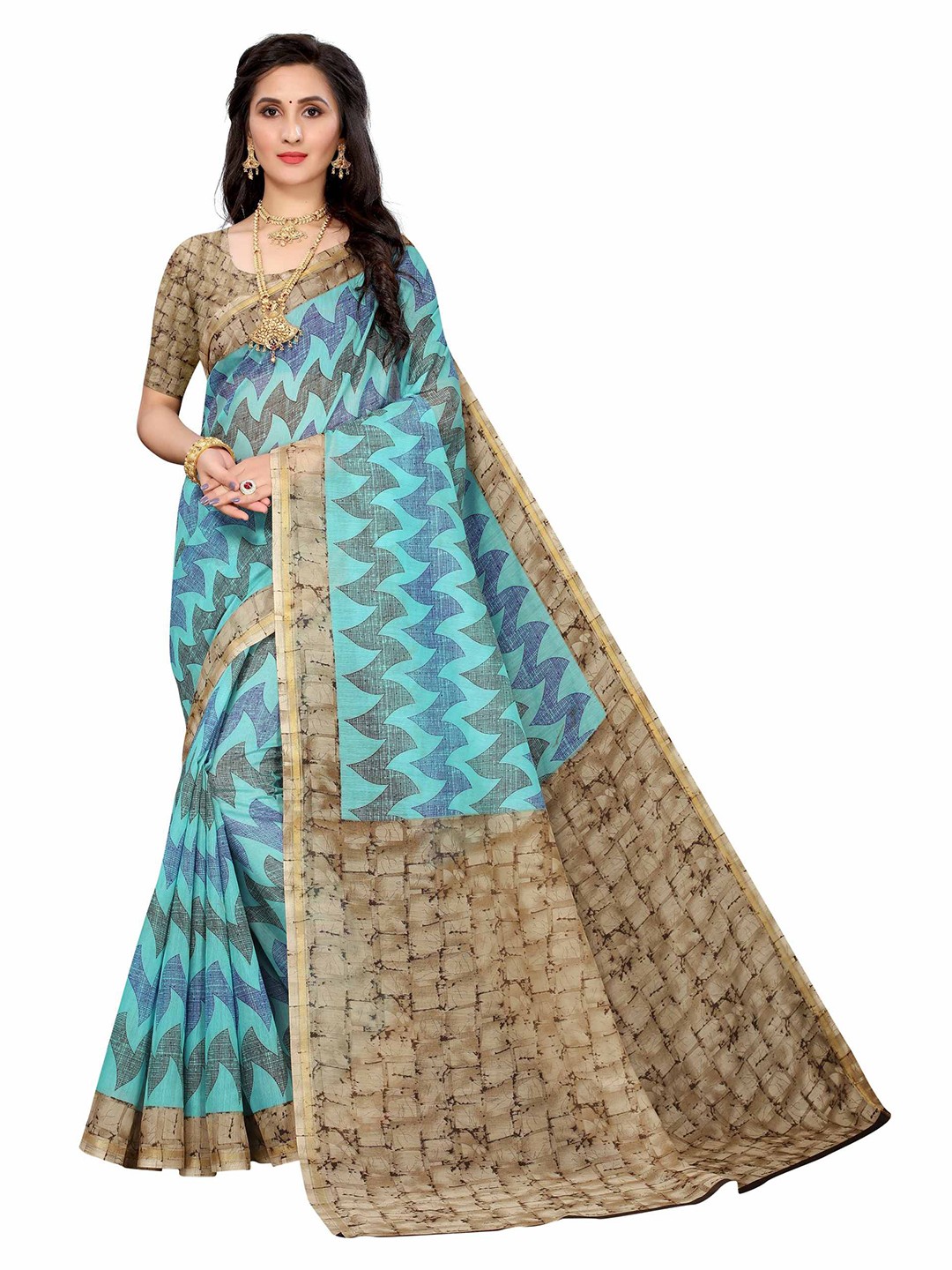 

AADVIKA Blue & Brown Printed Linen Blend Saree