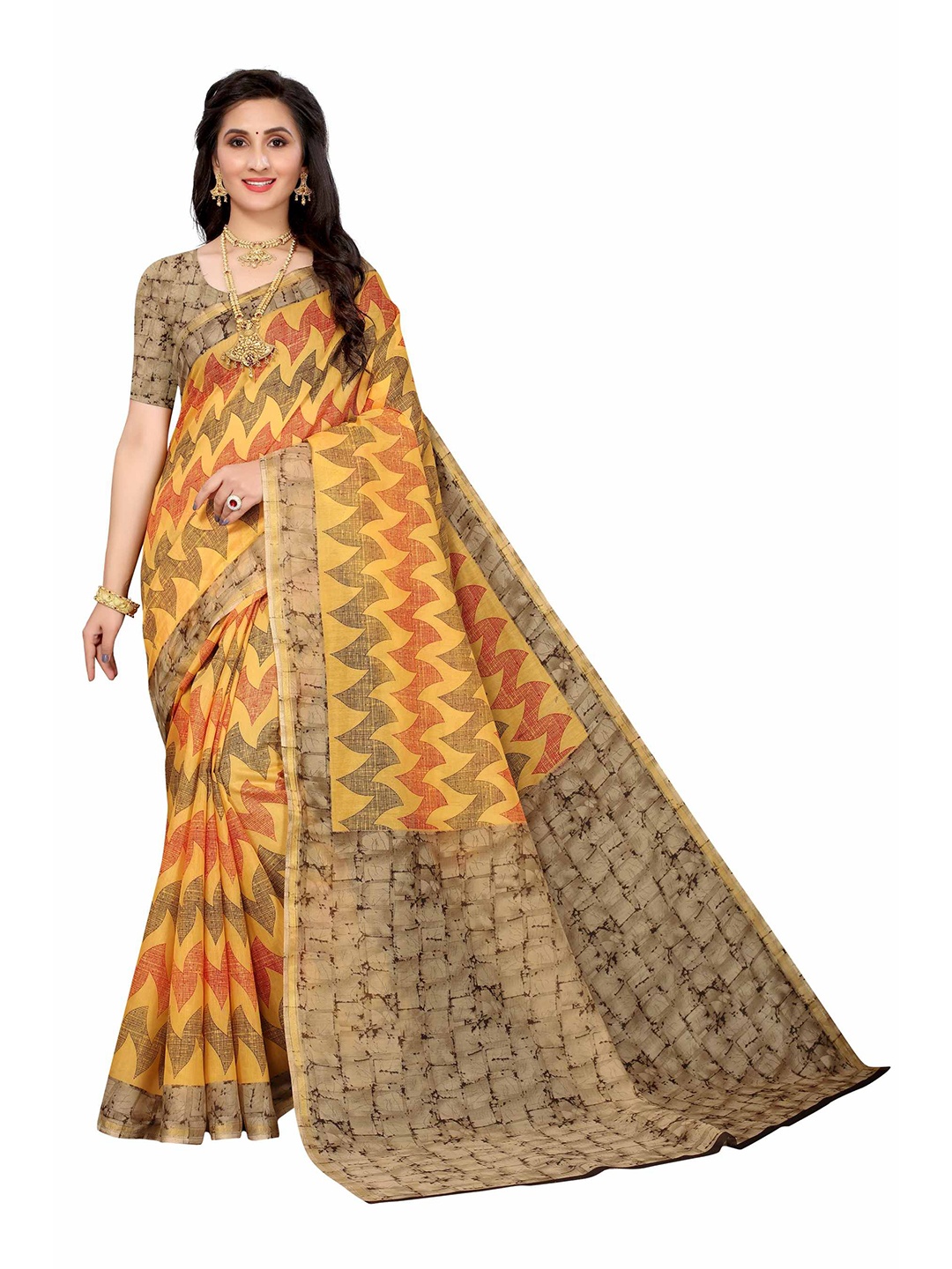 

AADVIKA Yellow & Orange Printed Linen Blend Saree