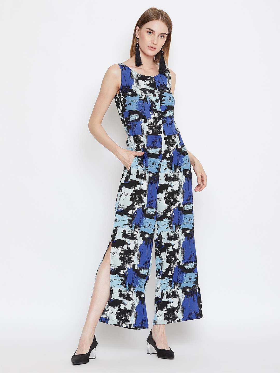 

PURYS Blue & Black Printed Basic Jumpsuit