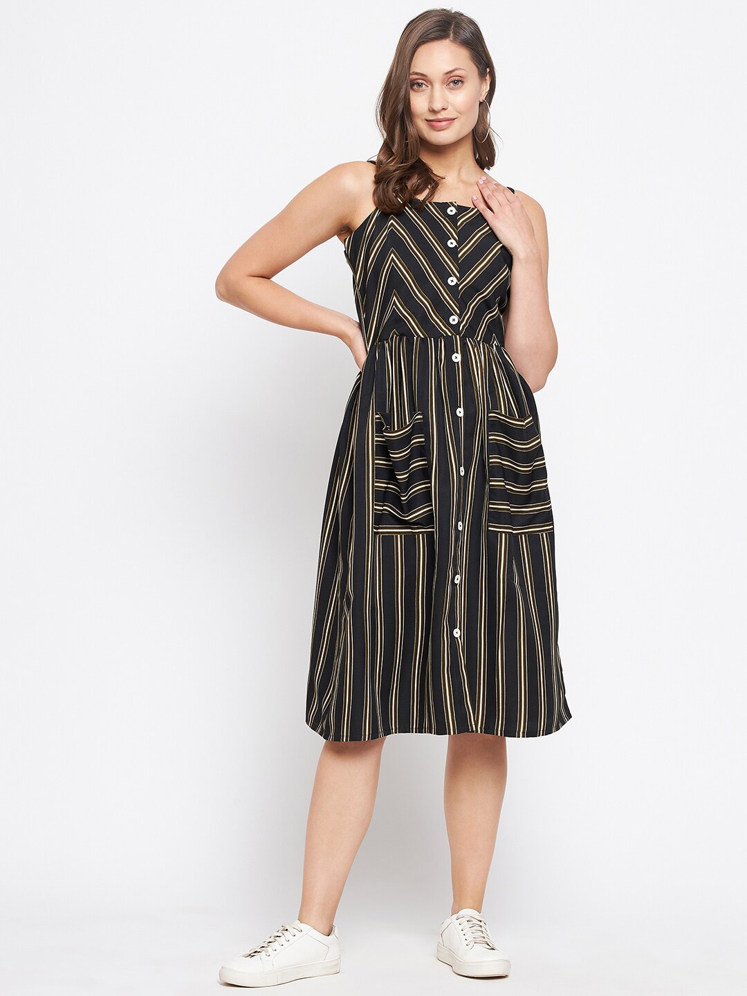 

PURYS Black & Multicoloured Striped Crepe A-Line Dress