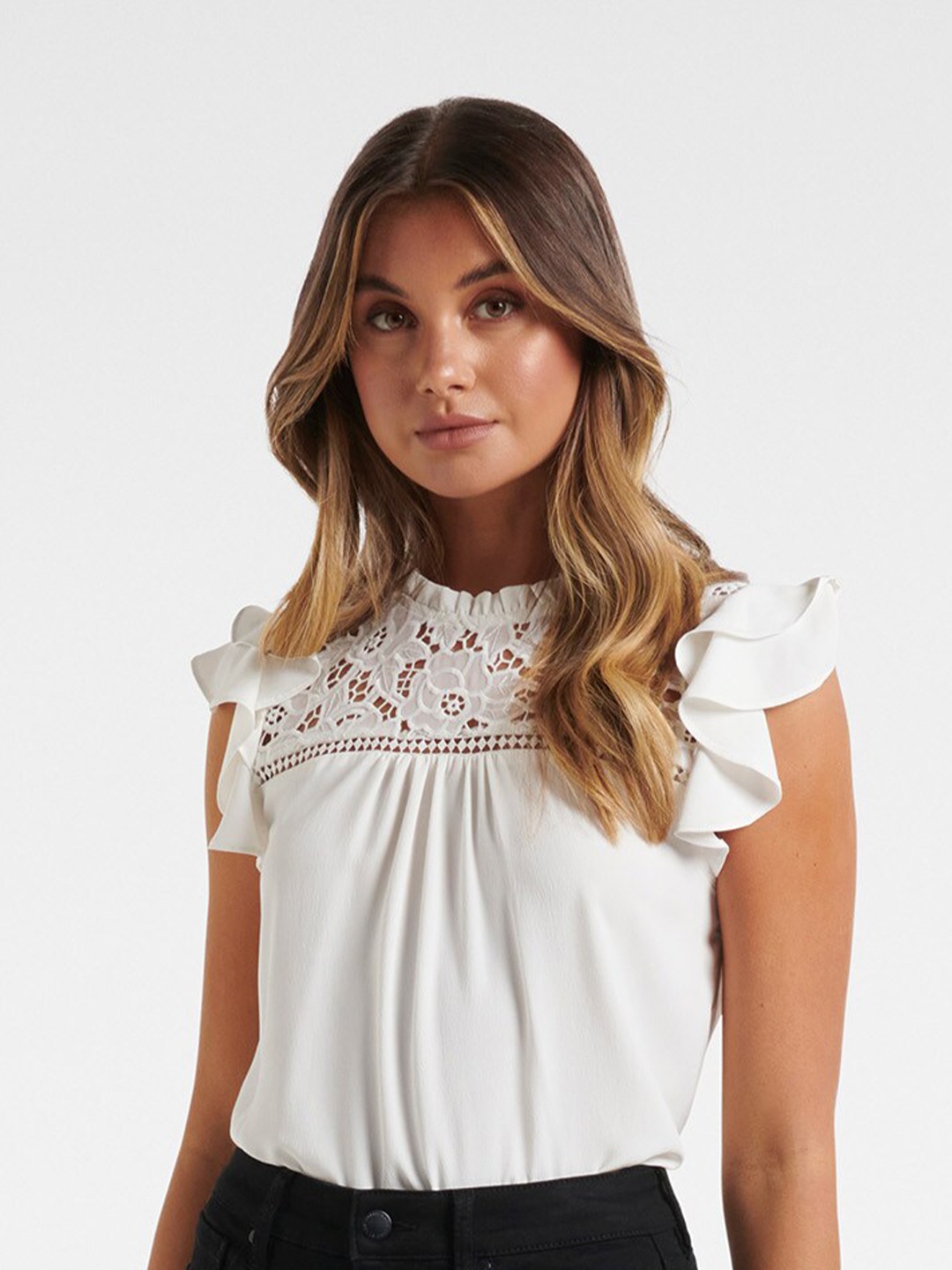 

Forever New White Petite Embroidered Yoke Top