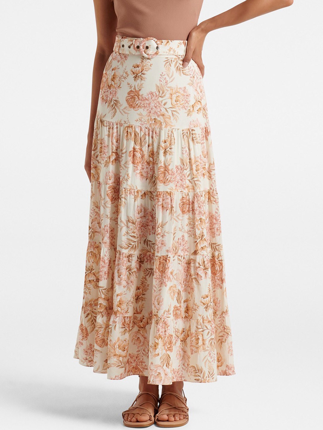 

Forever New Pink Katerina Belted Tiered Skirt