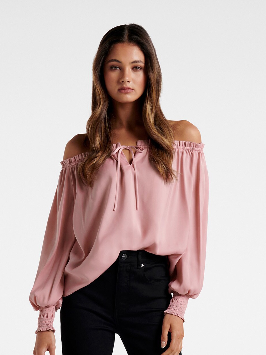 

Forever New Pink Off-Shoulder Satin Bardot Top