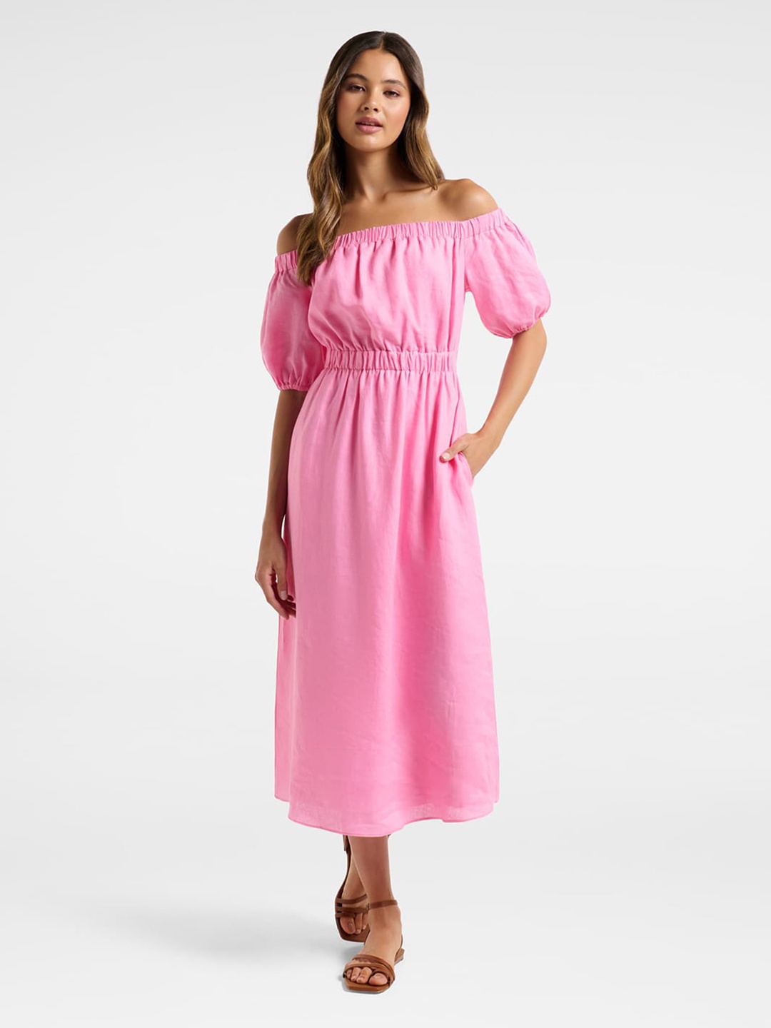 

Forever New Women Pink Off-Shoulder Linen A-Line Midi Dress