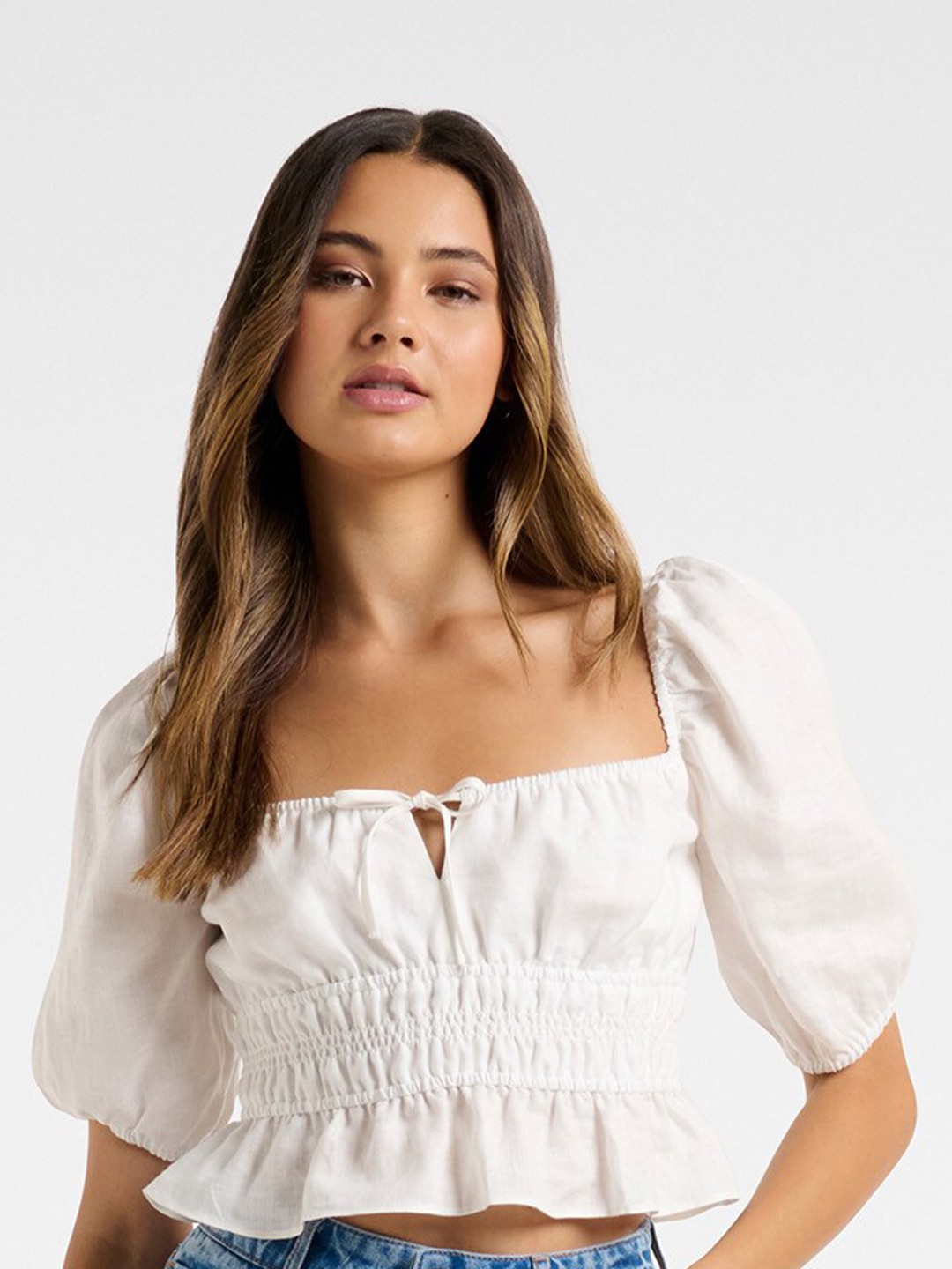 

Forever New White Linen Josephine Linen Blouse Crop Top