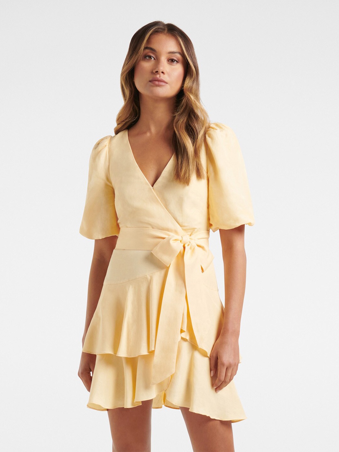 

Forever New Women Yellow Linen Wrap Dress