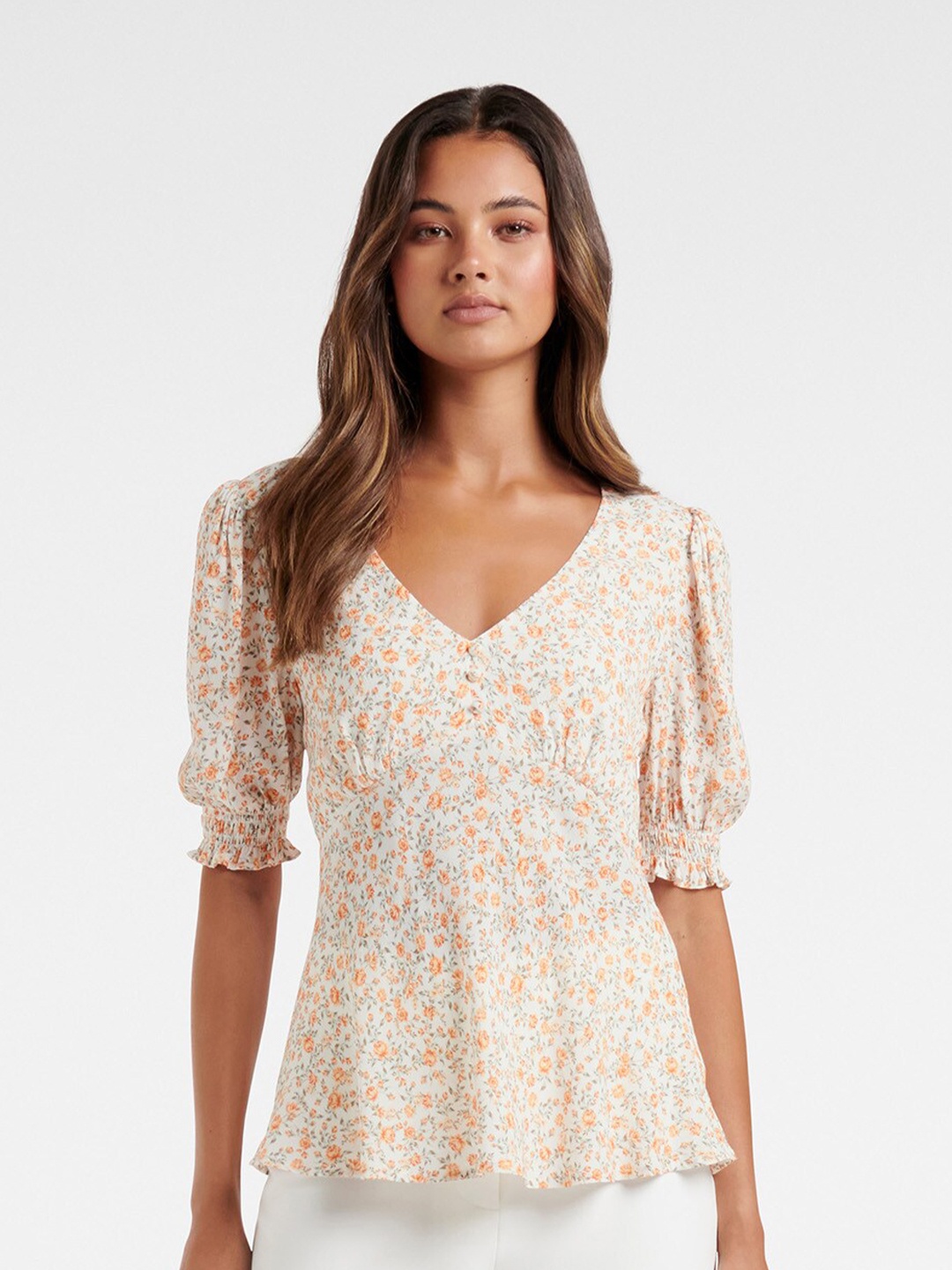 

Forever New Peach-Coloured Floral Print Top