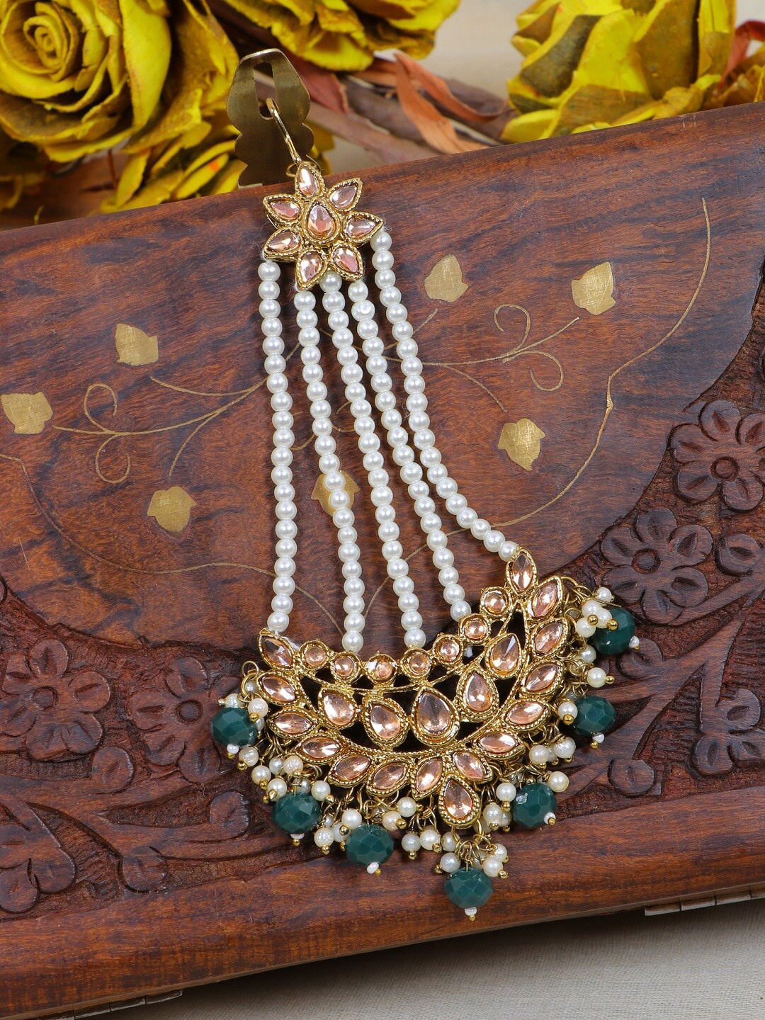 

Crunchy Fashion Gold-Plated Green & White Kundan Stone Studded & Beaded Pasa Maang Tika