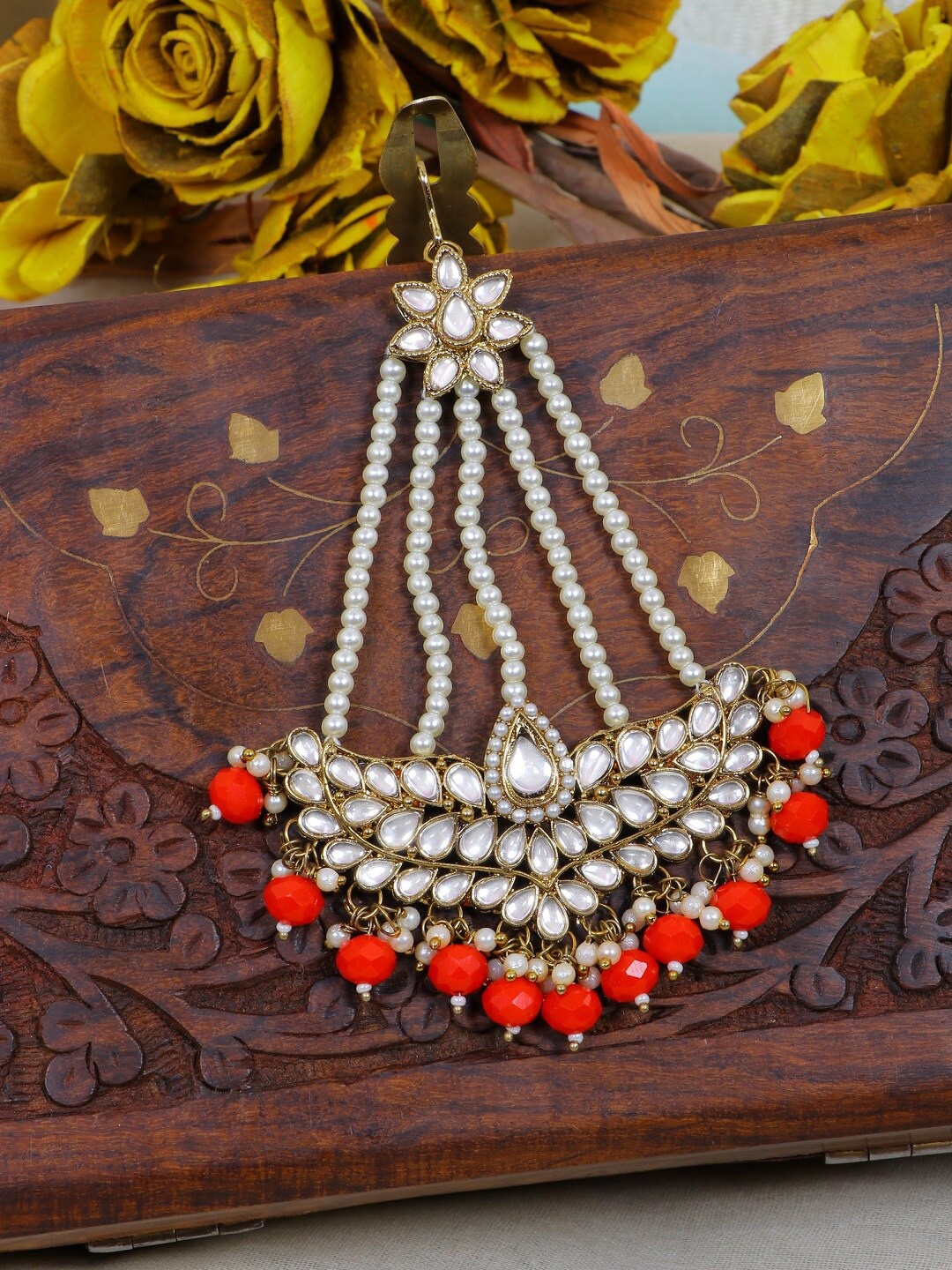 

Crunchy Fashion Gold-Plated White & Red Stone Studded & Pearl Beaded Jhumar Passa Maang Tikka