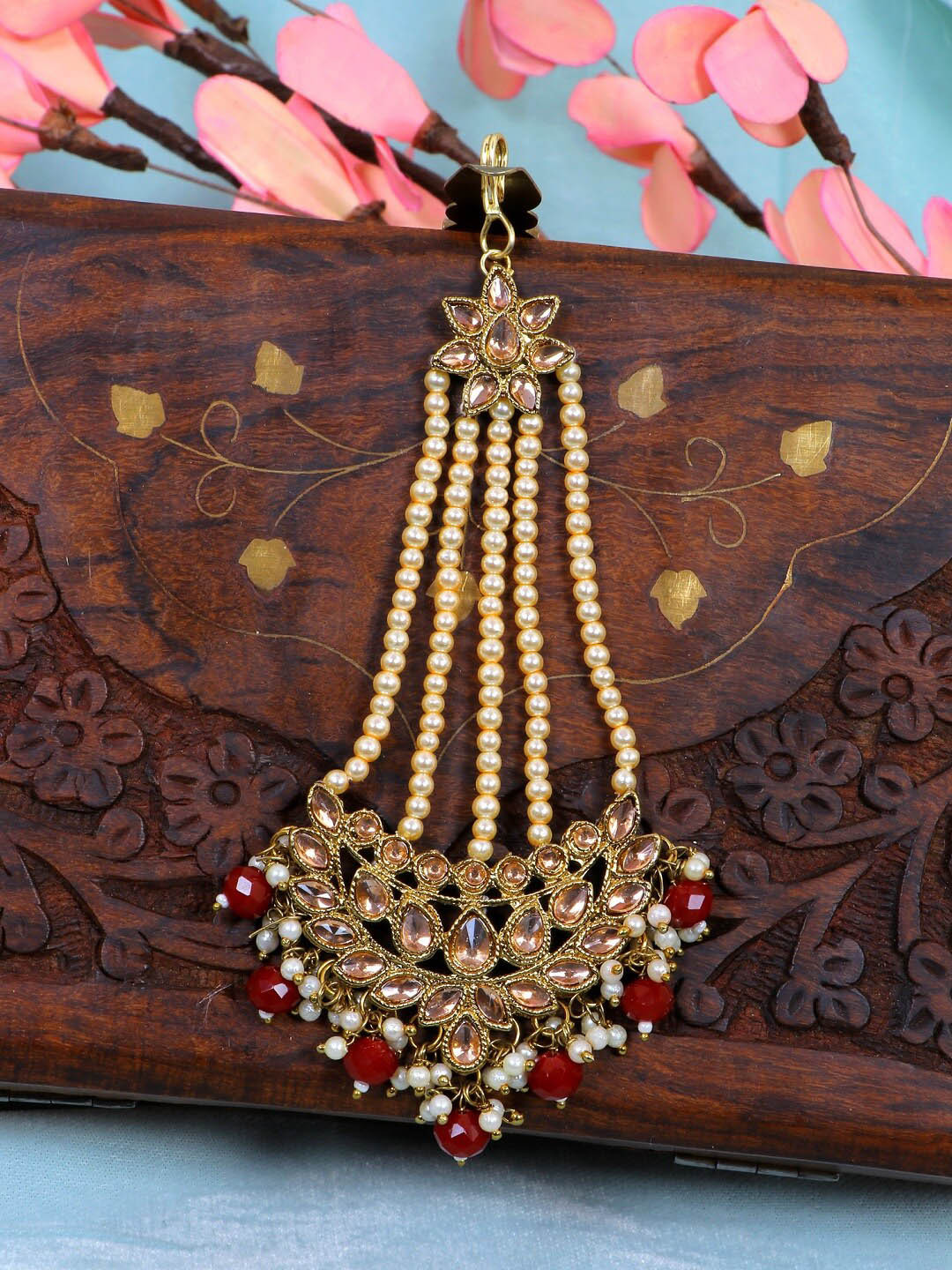 

Crunchy Fashion Gold-Plated Beige & Red Stone-Studded & Beaded Jhumar Passa