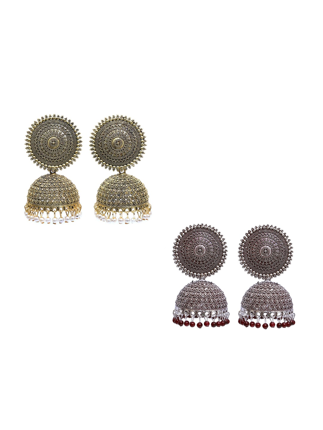 

Crunchy Fashion Pack Of 2 Gold-Toned & Silver-Toned Oxidised Jhumkas Earrings