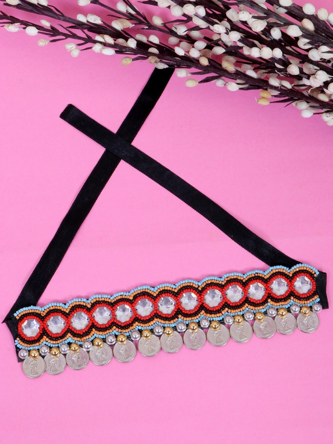 

Crunchy Fashion Red & White Banjara Coin Choker Necklace
