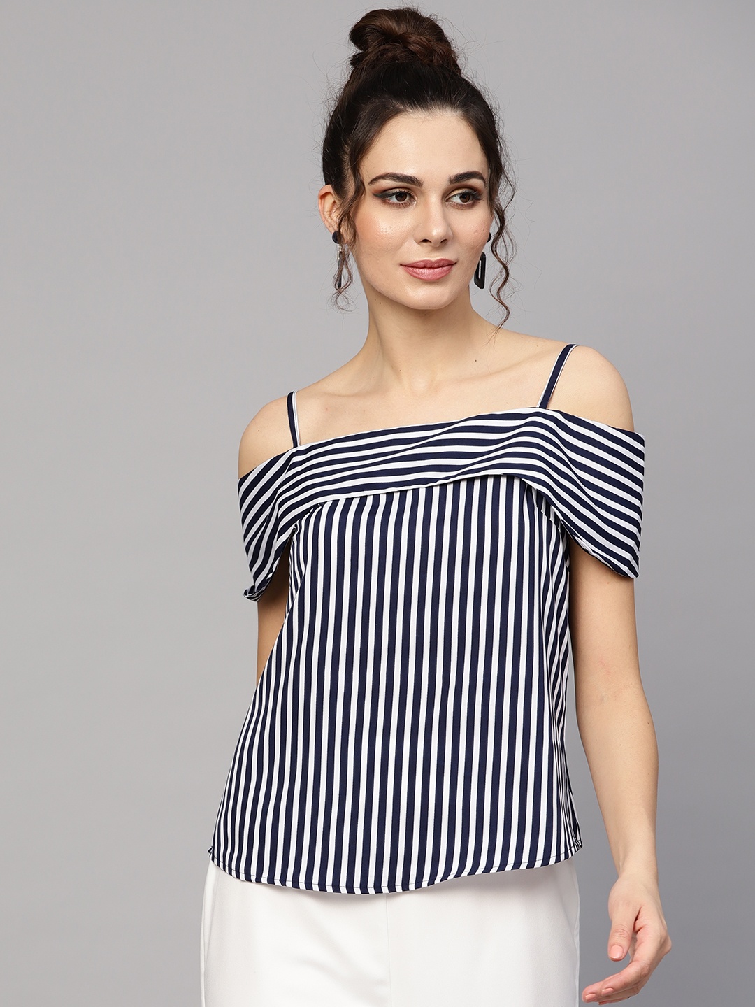 

SASSAFRAS Women Navy Blue & White Striped Top