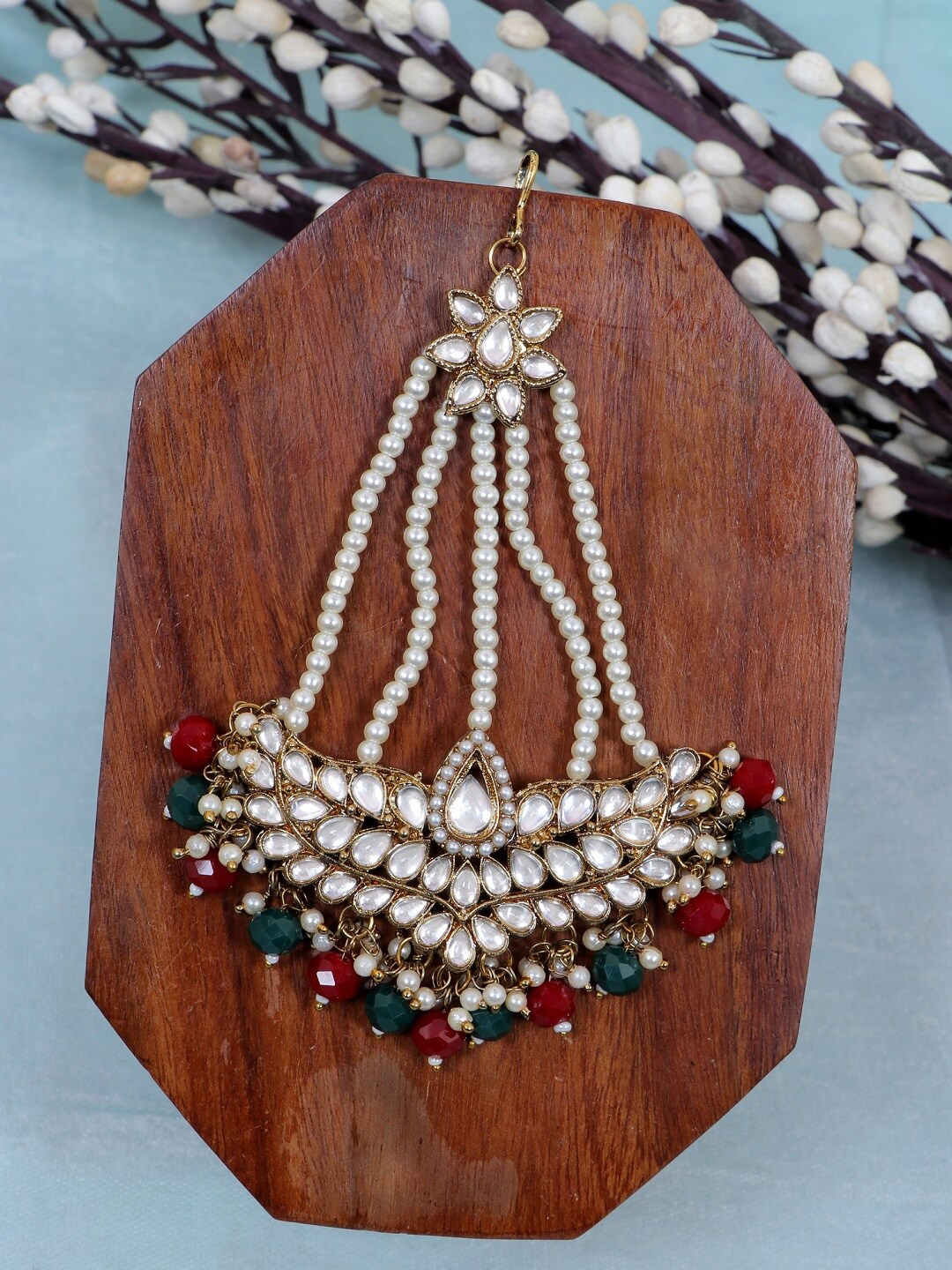 

Crunchy Fashion Gold-Plated White & Red Stone-Studded & Beaded Jhumar Passa