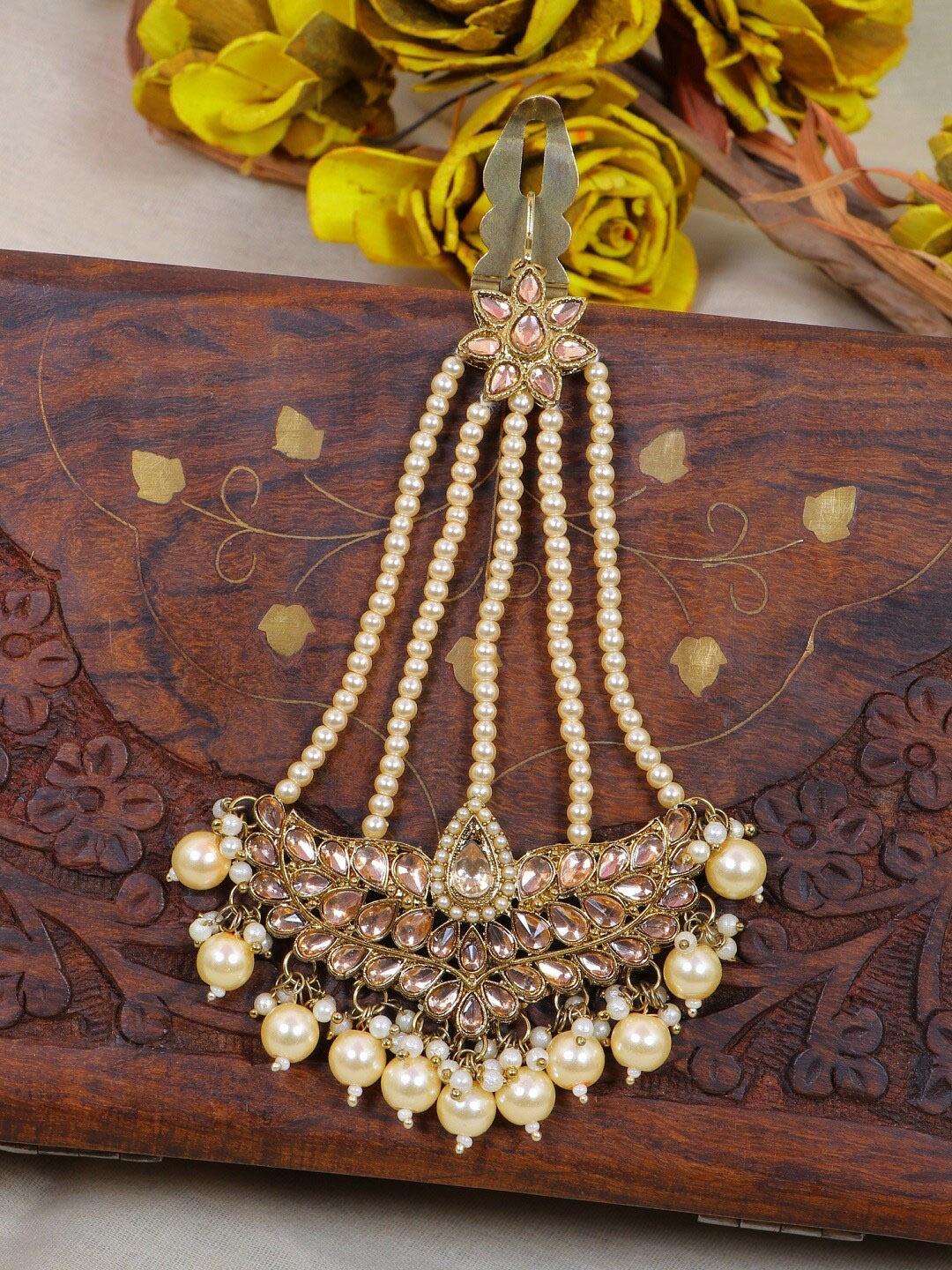 

Crunchy Fashion Gold-Plated & Cream-Colored Stone Studded & Pearl Beaded Jhumar Passa Maang Tikka