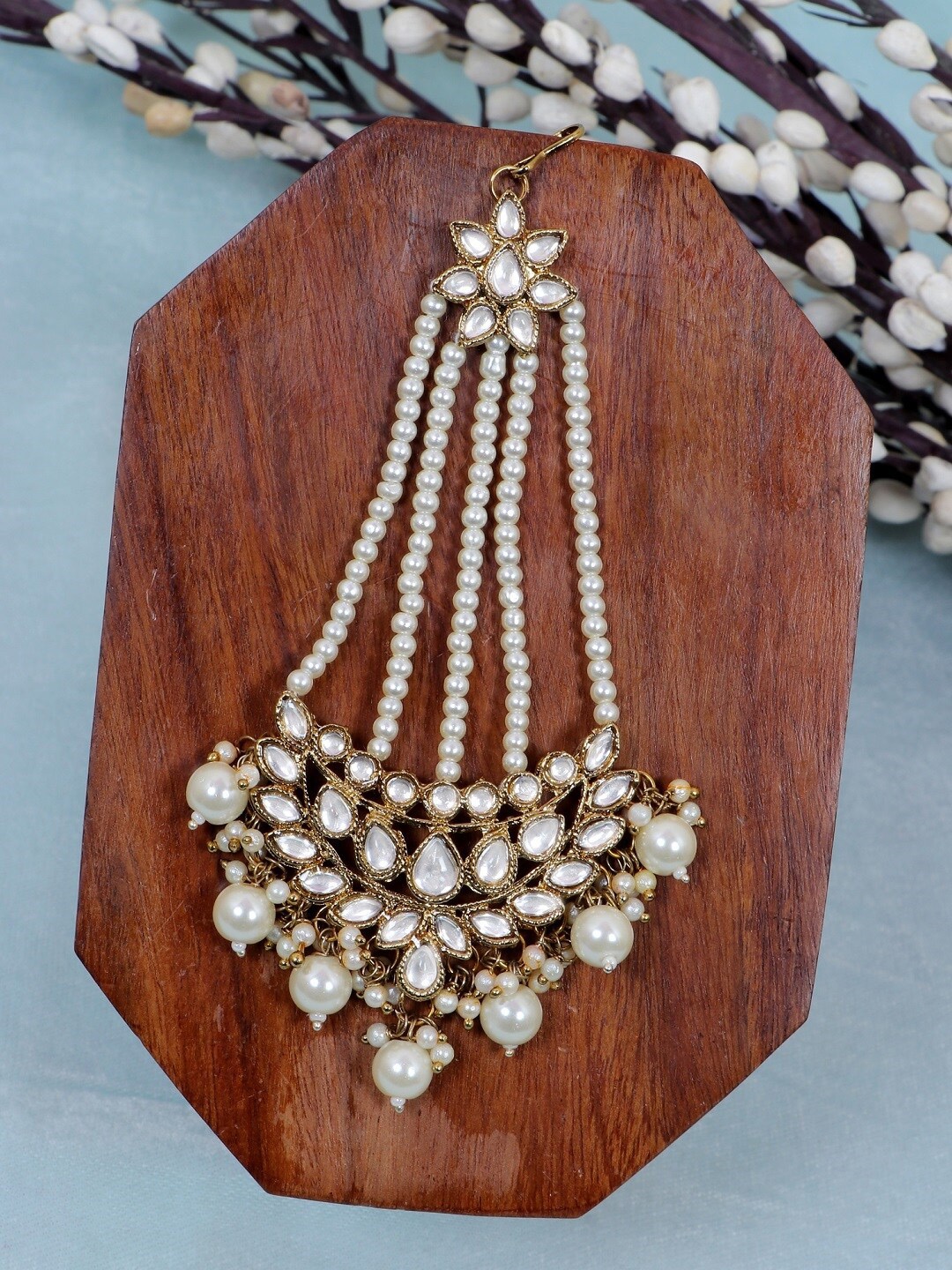

Crunchy Fashion Women Gold-Plated White Meenakari Kundan Stone Embedded Maang Tika