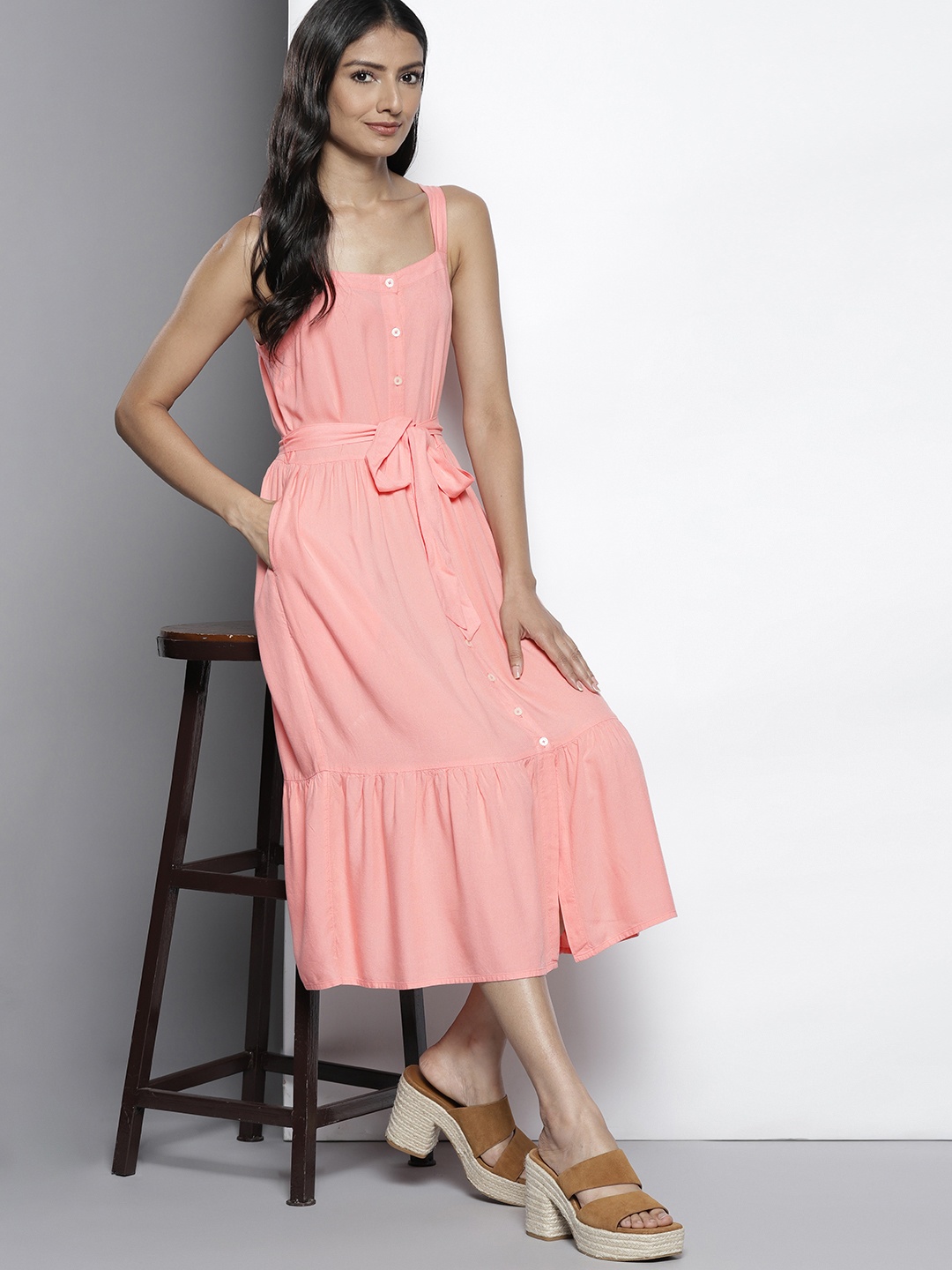 

Nautica Peach-Coloured Solid A-Line Midi Dress