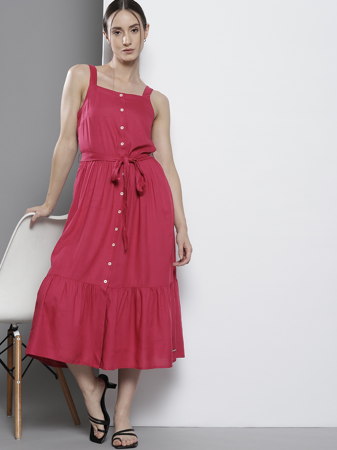 

Nautica Maroon Solid Shoulder Straps Flounce Hem Tiered A-Line Midi Dress with Belt
