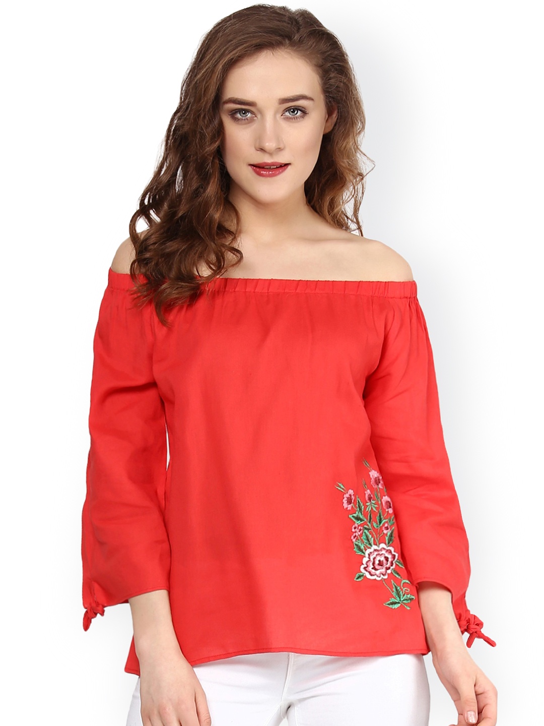 

SASSAFRAS Coral Red Embroidered Off-Shoulder Pure Cotton Top