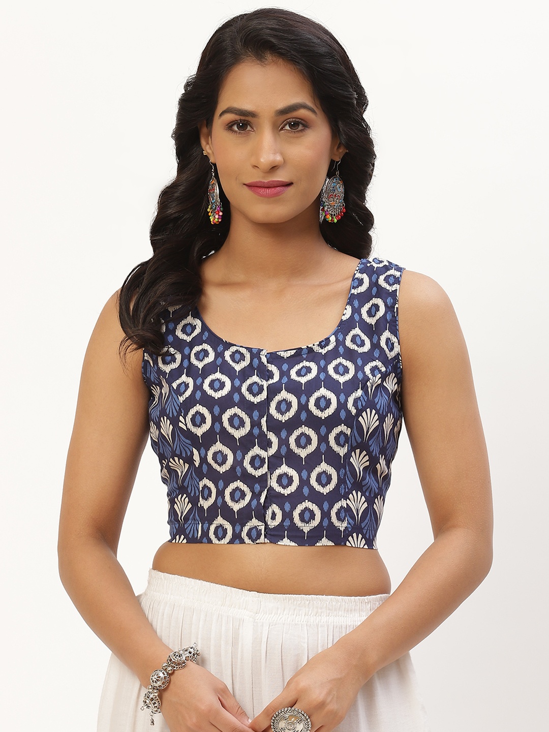 

Molcha Blue & White Ethnic Motifs Printed Non Padded Front Open Cotton Sleeveless Blouse