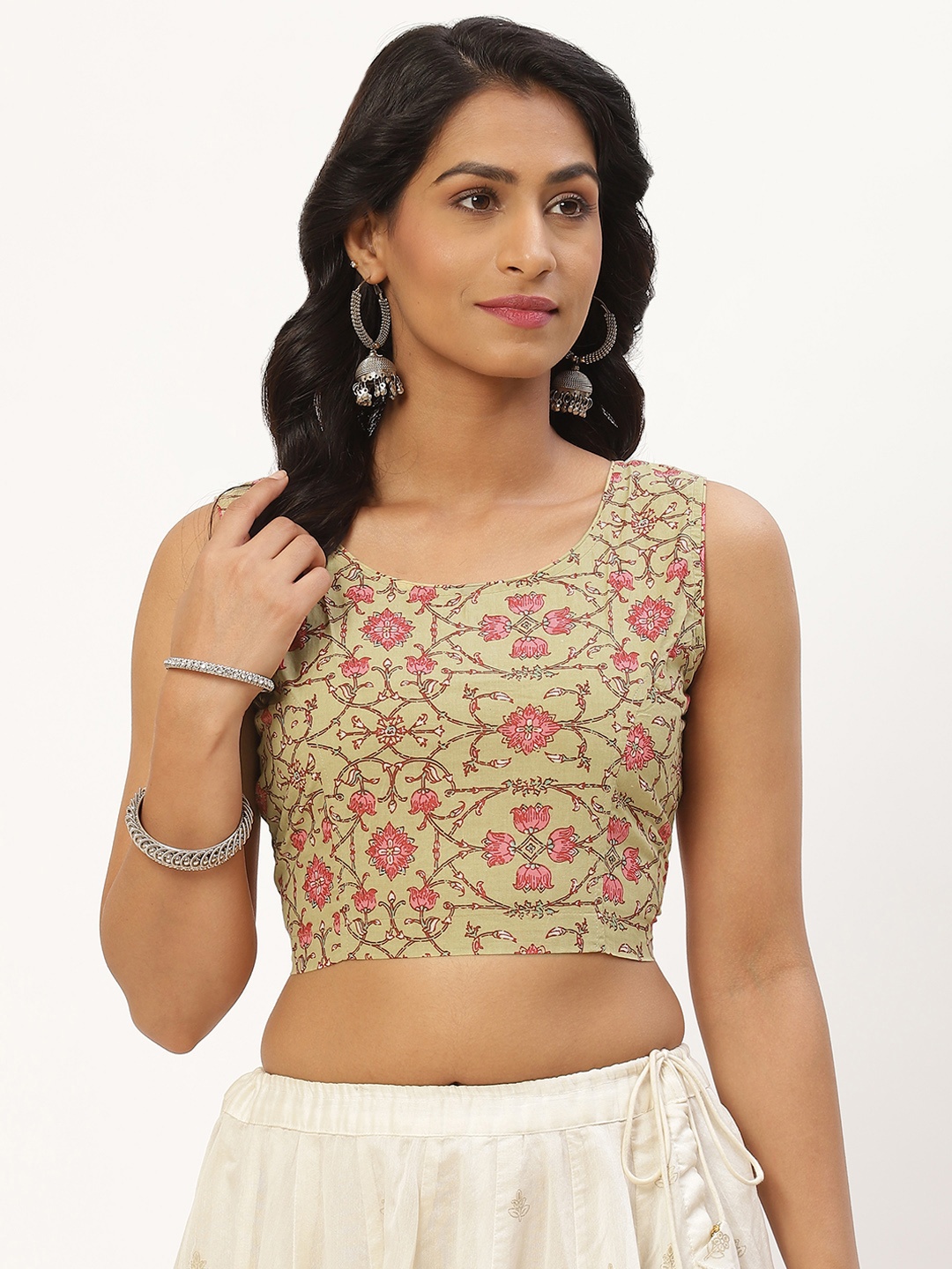 

Molcha Beige & Pink Ethnic Motifs Printed Non Padded Back Open With Bow Tie Up Blouse