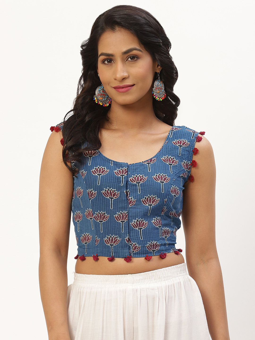 

Molcha Blue & Red Ethnic Motifs Ajrak Printed Non Padded Blouse with Tassel Trims